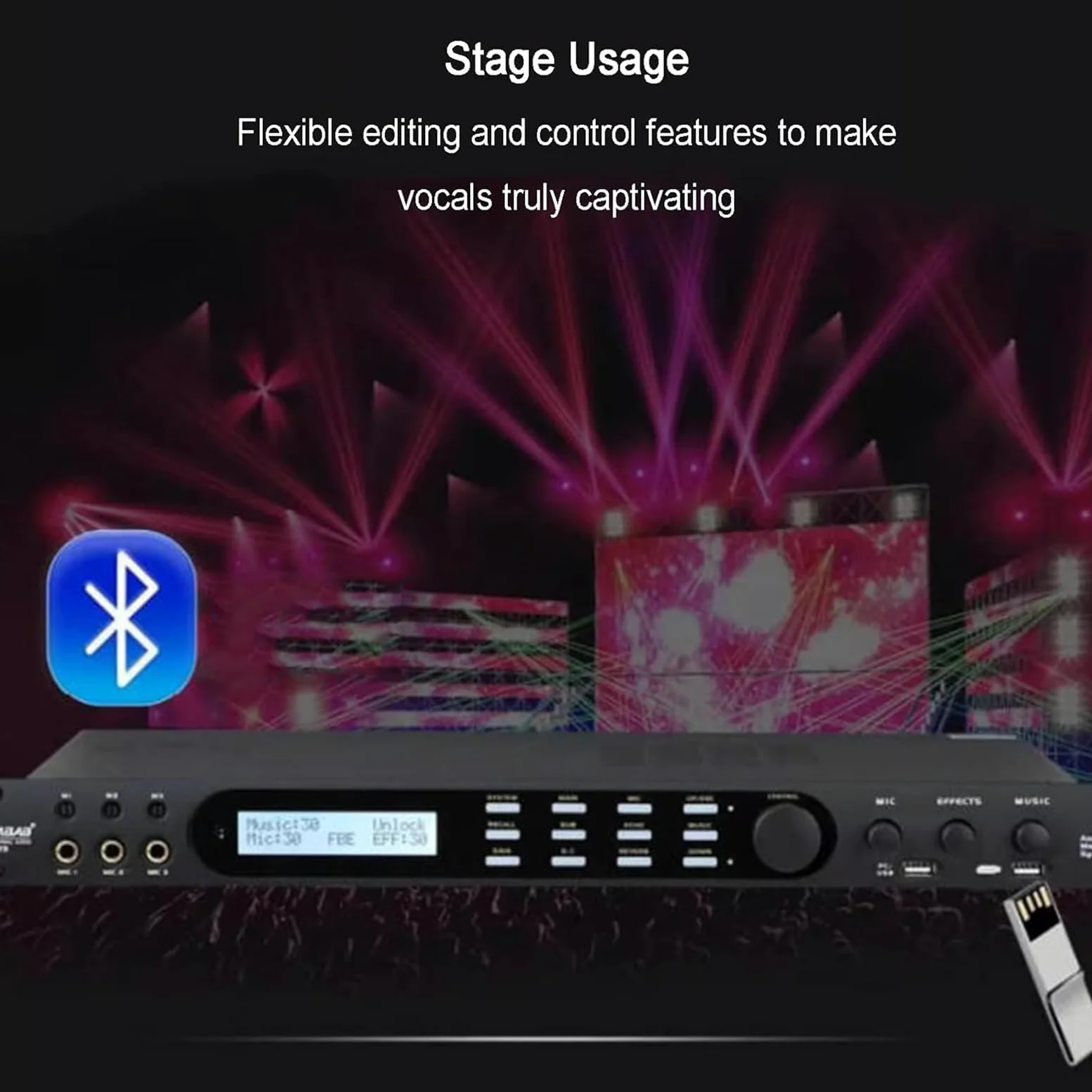 Cyfrowy procesor audio z tłumikiem sprzężenia zwrotnego, pilot zdalnego sterowania, 4 wejścia mikrofonowe, 16 zaprogramowanych efektów, złącze USB do sceny i KTV