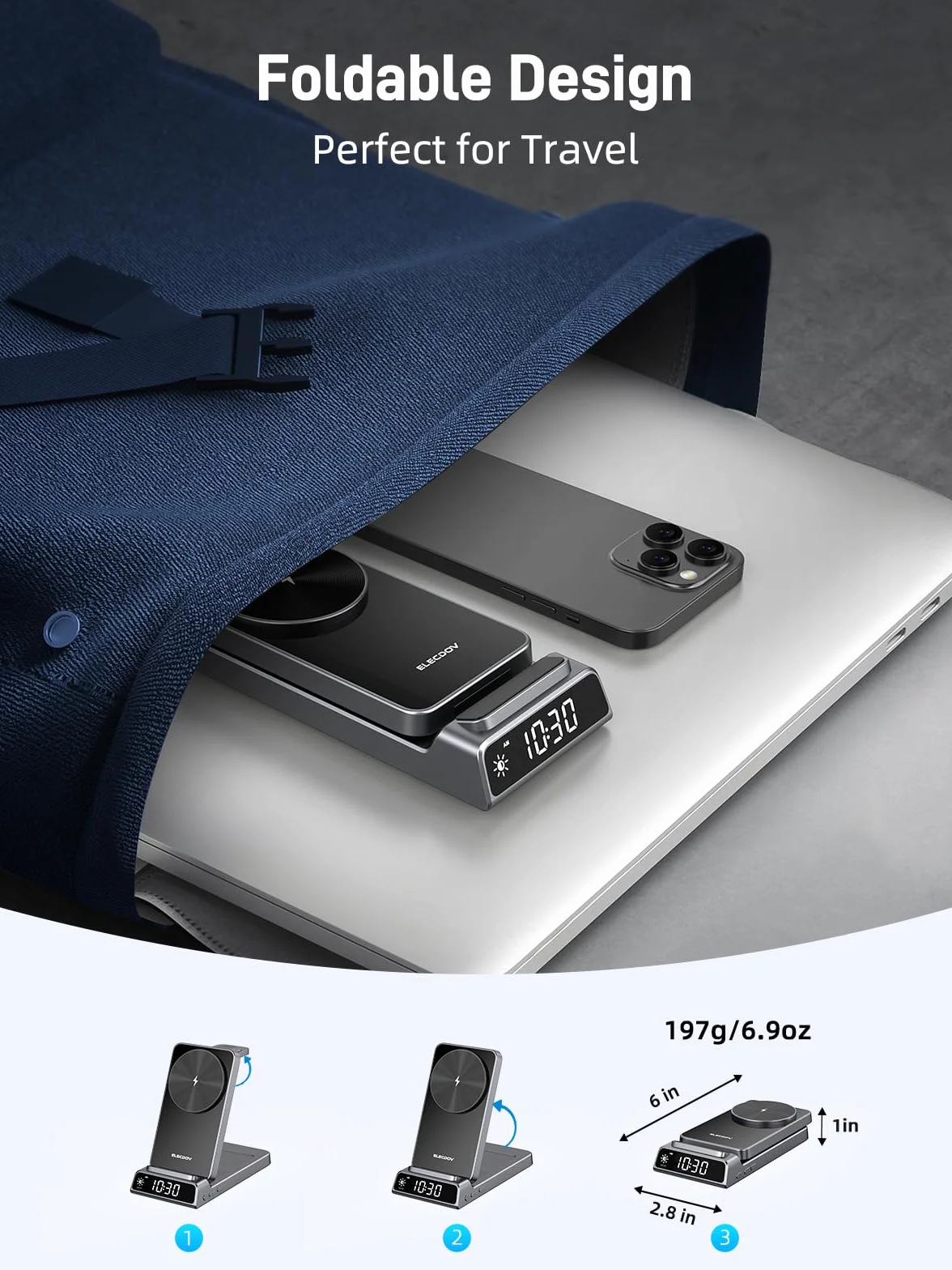 Bezprzewodowa ładowarka do Apple, magnetyczna stacja ładująca 3 w 1 z zegarem, składany podróżny bezprzewodowy stojak ładujący do iPhone 17/17 Pro/17 Pro Max/16/15, ładowarka do zegarka iWatch 10