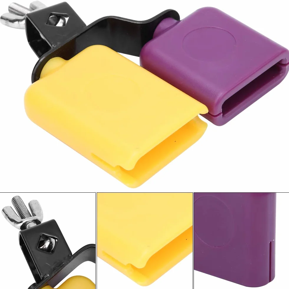 Cowbell, ABS Square Wooden Fish Cowbell Instrument perkusyjny dla bydła o wysokim i niskim tonie, żółty i fioletowy