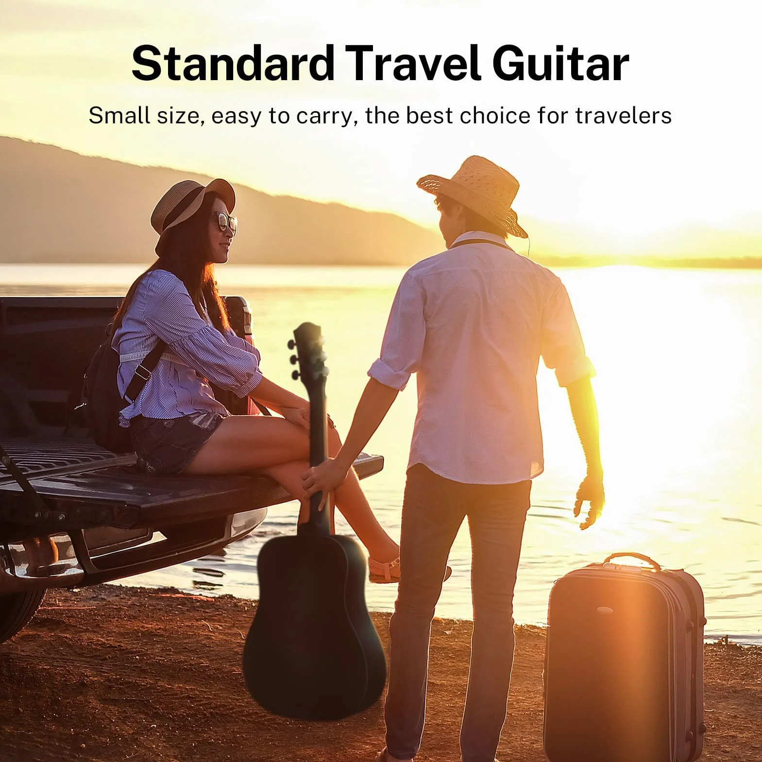 Donner Gitara akustyczna dla początkujących dorosłych 91 cm Dreadnought rozmiar 3/4 czarna gitara zestaw zestaw podróżny świerk drewno z torbą na koncert capo tuner pasek struna kostki gitarowe