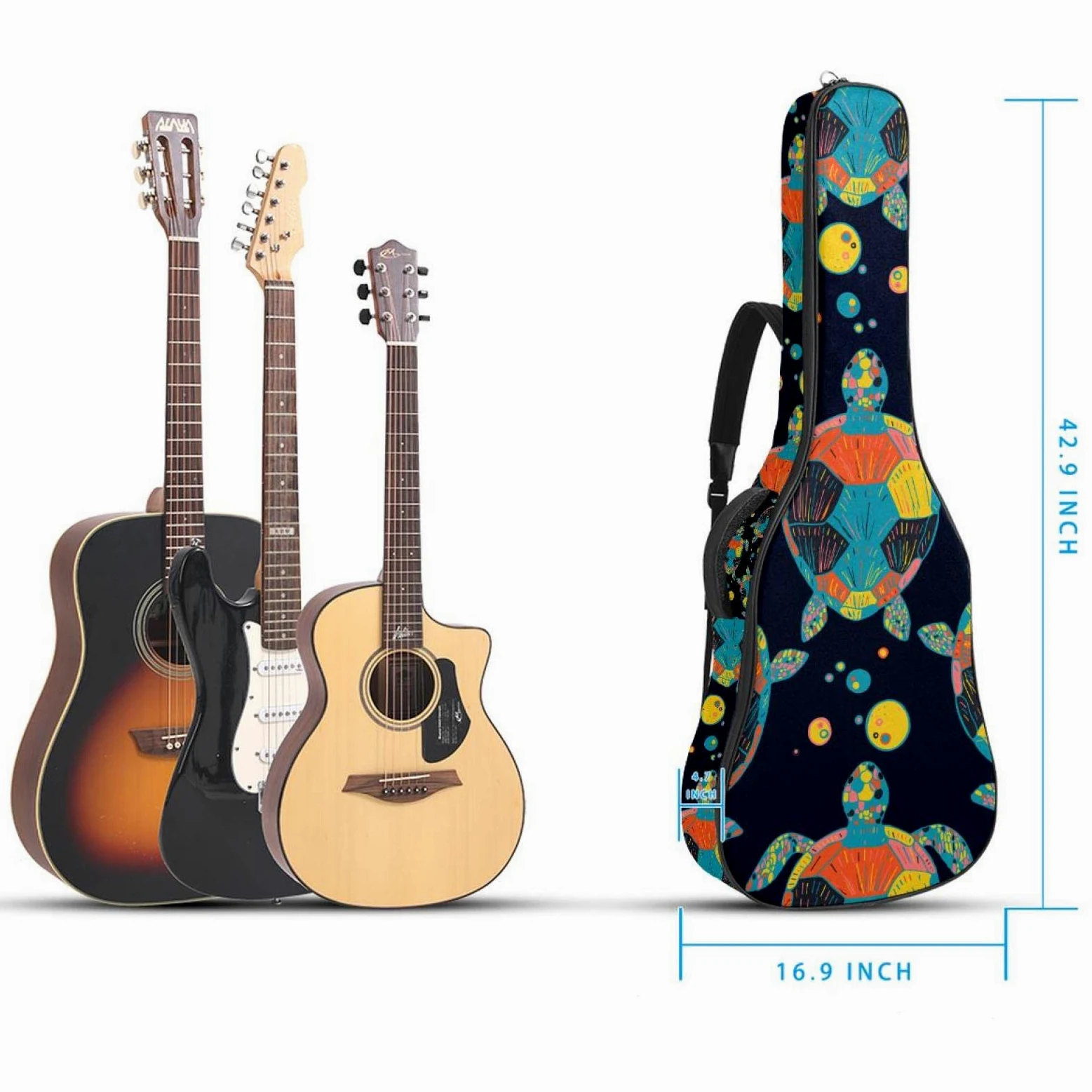 Torba na gitarę akustyczną, wodoodporny plecak na gitarę, gruby, miękki, wyściełany, małe, białe kropki na czarnym etui na gitarę klasyczną, Kolor8, 42.9x16.9x4.7 in, Organizer do torby