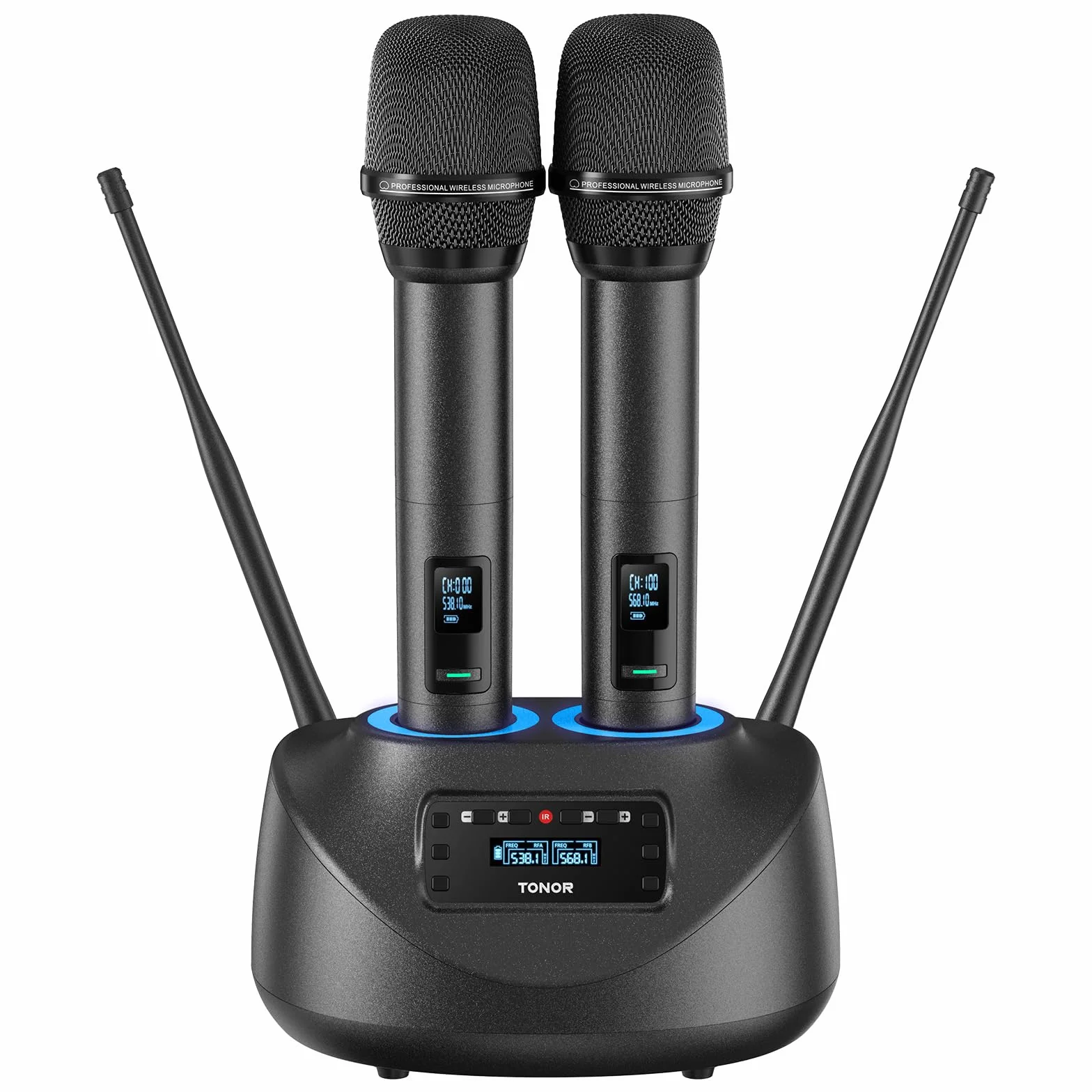 Rechargeable 2 Channel Wireless Microphone System with 2 Cordless Handheld Mics, Metal Receiver, Ideal for Church Karaoke Party Sports Class