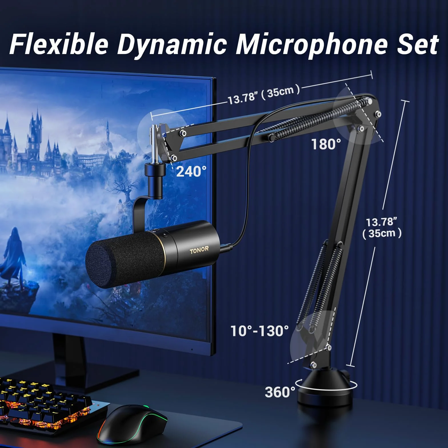 Mikrofon TONOR USB/XLR, wysokiej jakości dynamiczny mikrofon studyjny z wysięgnikiem do nagrywania podcastów, gier, strumieniowego przesyłania muzyki, śpiewu i emisji głosu, słuchawkowym 3,5 mm TD510+