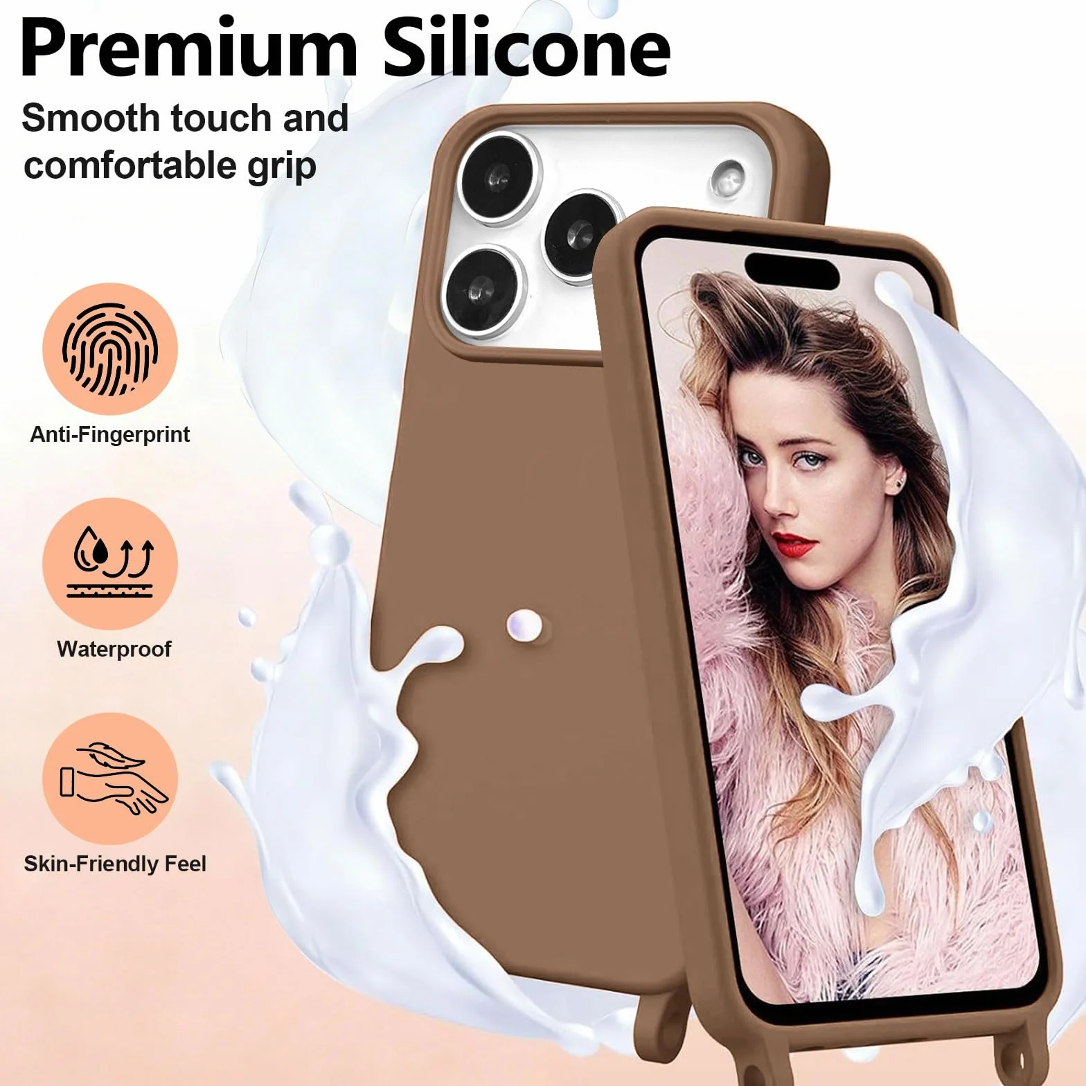 Etui na telefon komórkowy iPhone 17 Pro, bumper, ze sznurkiem na szyję, etui ochronne ze sznurkiem na szyję, silikonowe, z regulowanym sznurkiem, miękkie tworzywo TPU, kolor mleczna