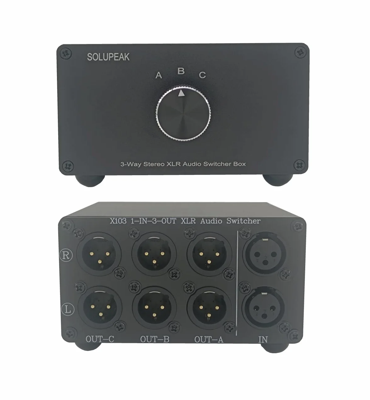 Symetryczne przełączniki audio XLR, 3-kanałowy konwerter XLR stereo, pasywne źródło sygnału, przełącznik wyboru wejścia audio, przełącznik rozdzielacza 1 na 3 (X103)