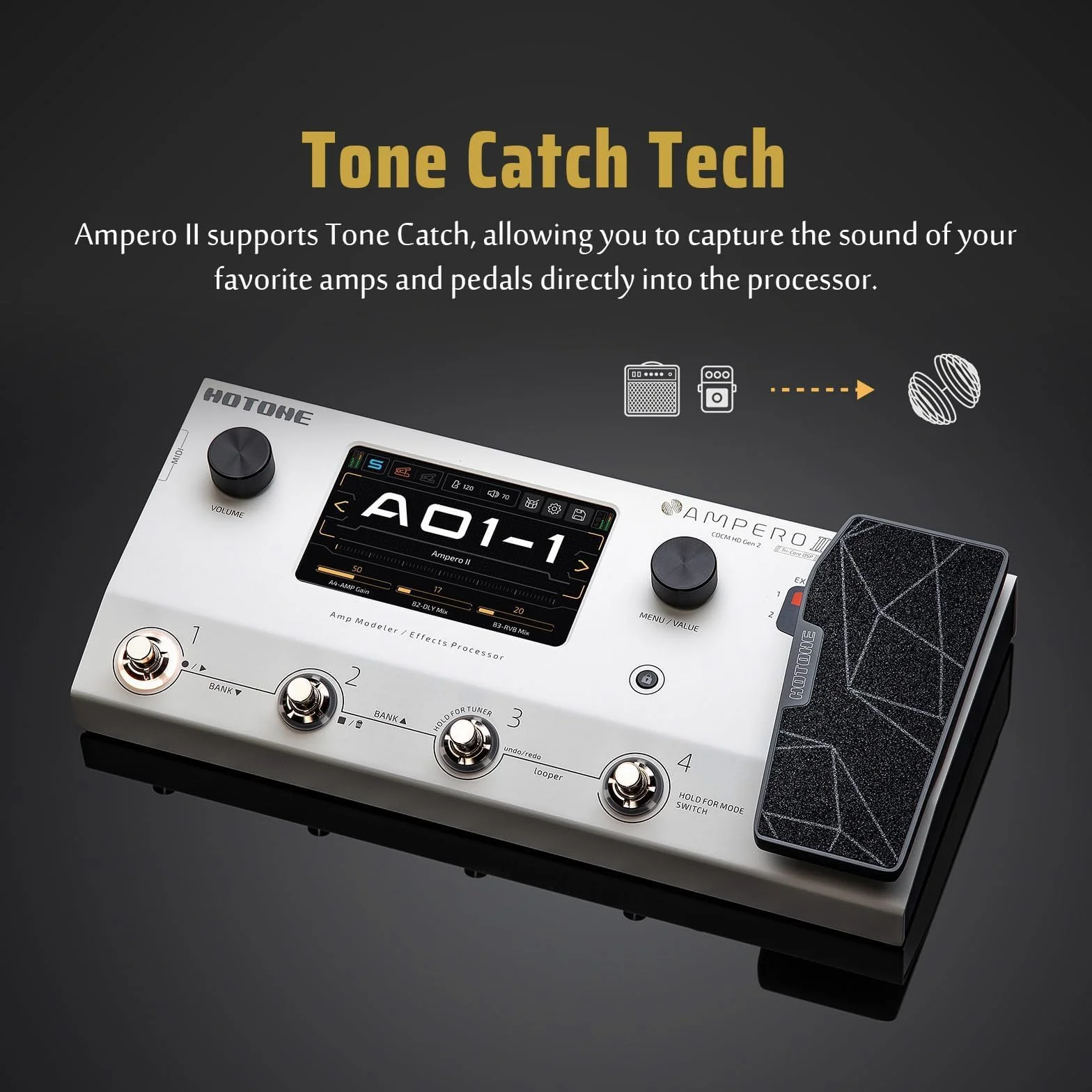 HOTONE Multi-Effects Podwójny łańcuch efektów Kabiny IR Kabiny modelowanie gitary basowej z pedałem ekspresji Pętla FX I/O MIDI Interfejs audio USB OTG Stereo Ampero II