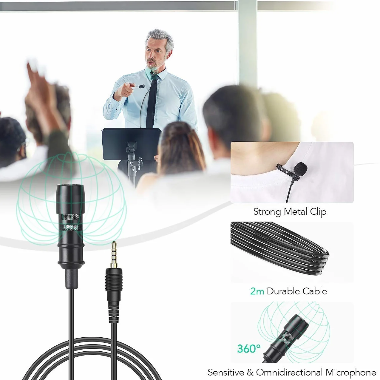 AGPTEK Mikrofon Lavalier, 2 m mini mikrofon wielokierunkowy z 2 przejściówkami i adapterem typu C, osłoną przeciwwiatrową do wywiadów, konferencji wideo, podcastów, dyktowania itd.