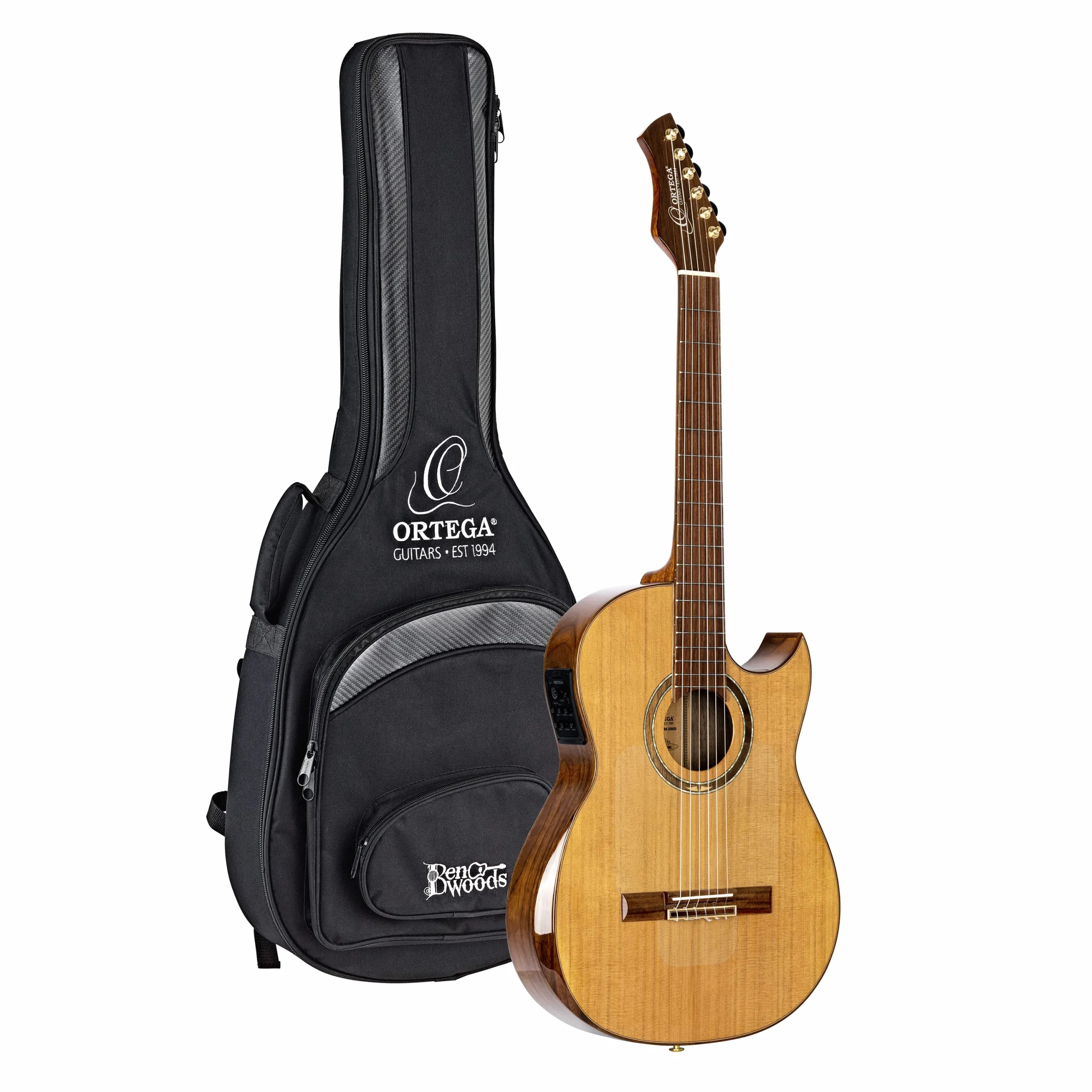 Ortega Guitars Classical Electro-Acoustic Guitar – Wąski Gryf, Korpus Thinline – Seria Signature – Lity Cedr/Orzech, Wykończenie Naturalne