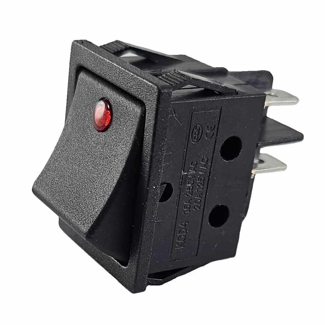 Przełącznik kołyskowy, 4 piny, 16 A, 250 VAC, 30 x 22 mm, kołyskowa z czerwonym oświetleniem punktowym