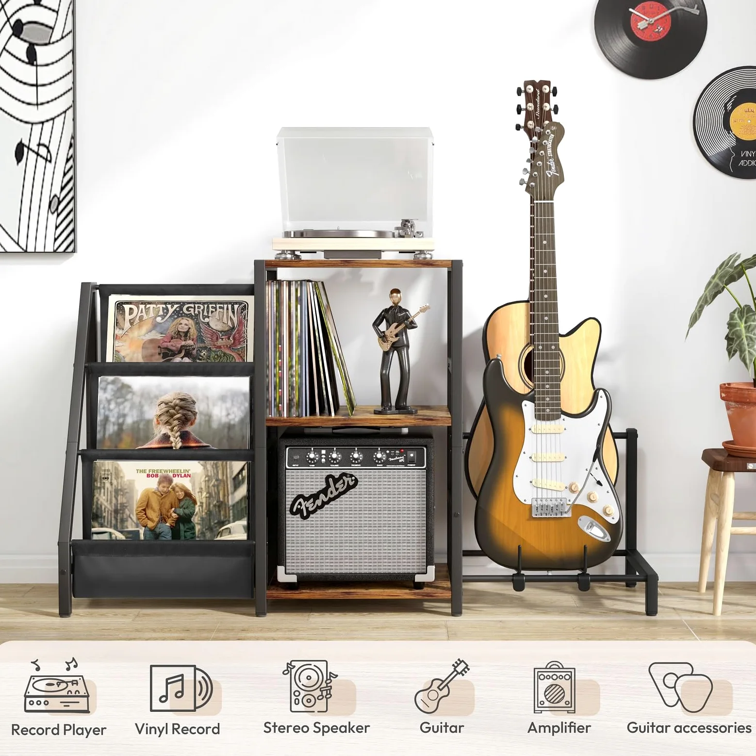 Bikoney - Uchwyt na odtwarzacz nagrywający, stojak na gitarę akustyczną, gitarę elektryczną, basy ze stojakiem wzmacniacza, 3-poziomowe przechowywanie płyt winylowych do 200