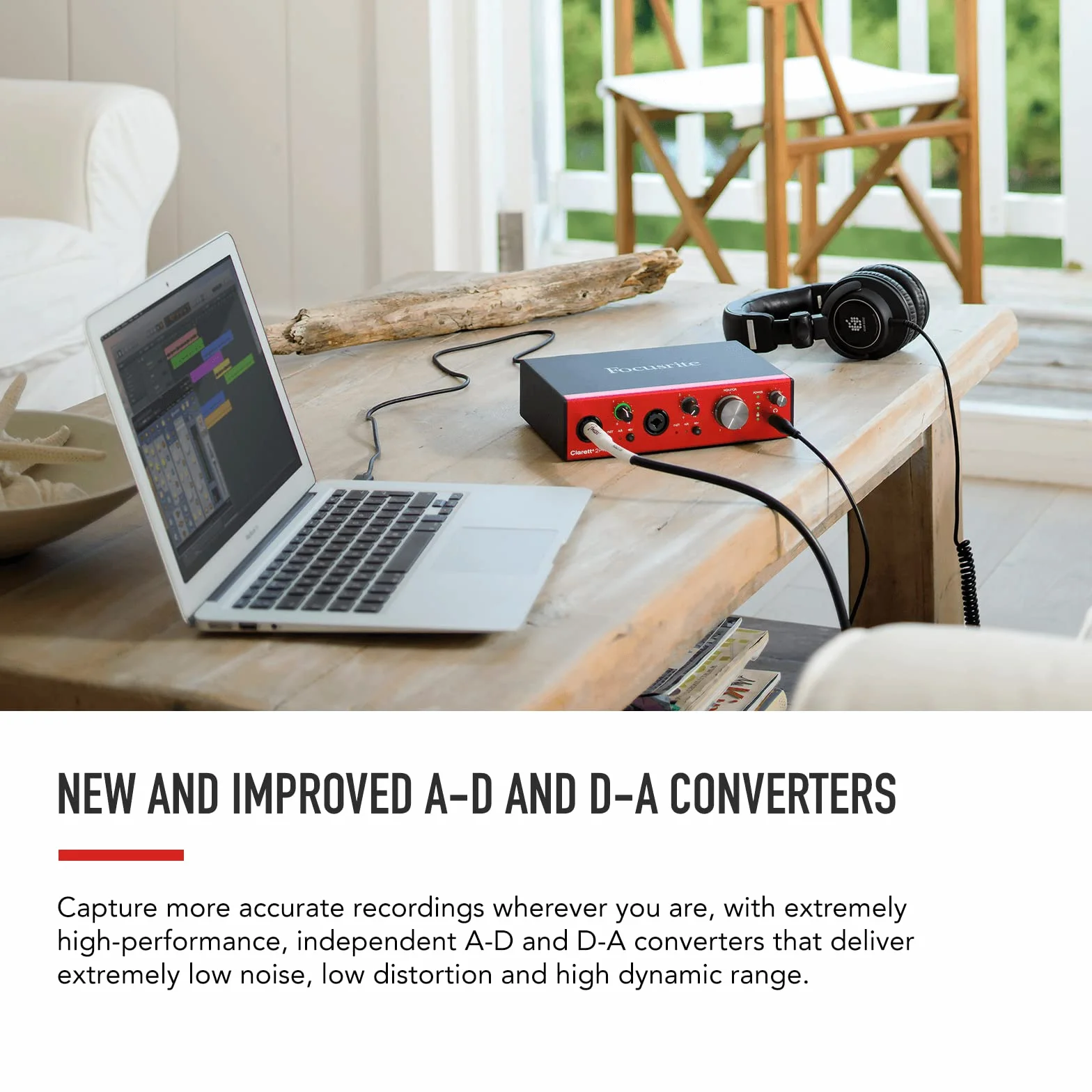 Interfejs audio Focusrite Clarett+ 2Pre zasilany USB-C do produkcji muzyki, z dwoma profesjonalnymi przedwzmacniaczami i wydajnymi wyjściami słuchawkowymi/instrumentami o wysokiej wierności