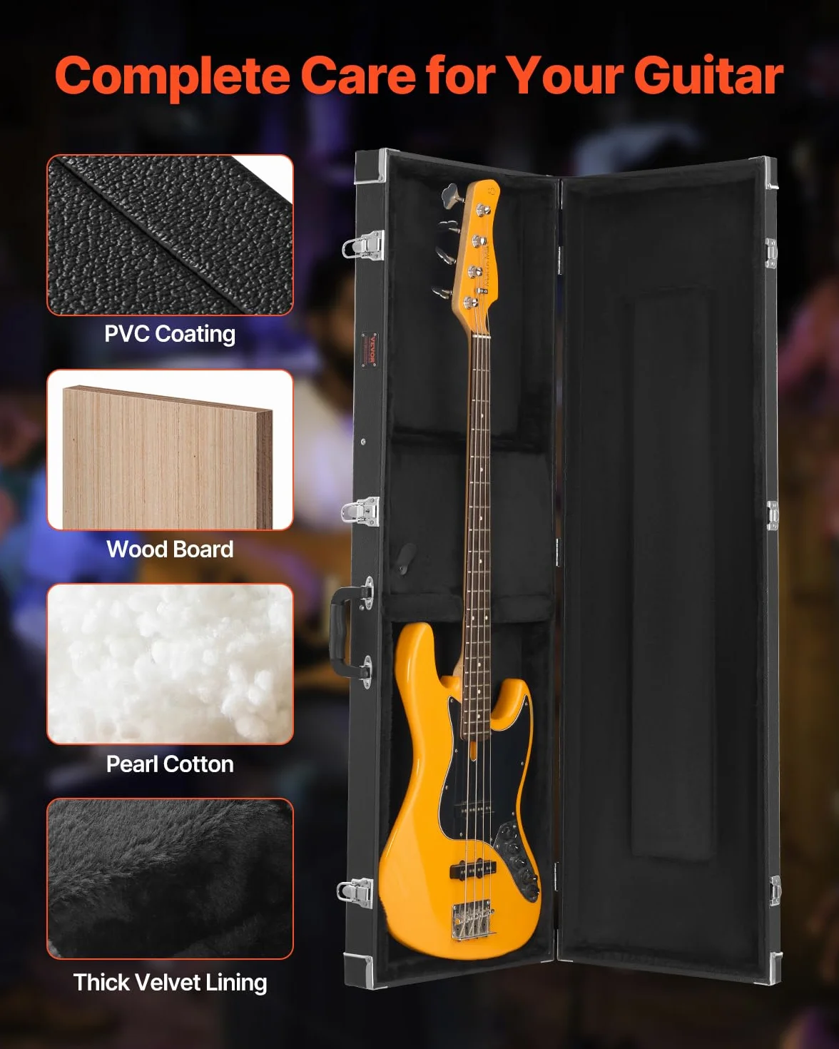 VEVOR Prostokątny twardy futerał na gitarę basową 1220 mm z blokadą kluczową, czarny
