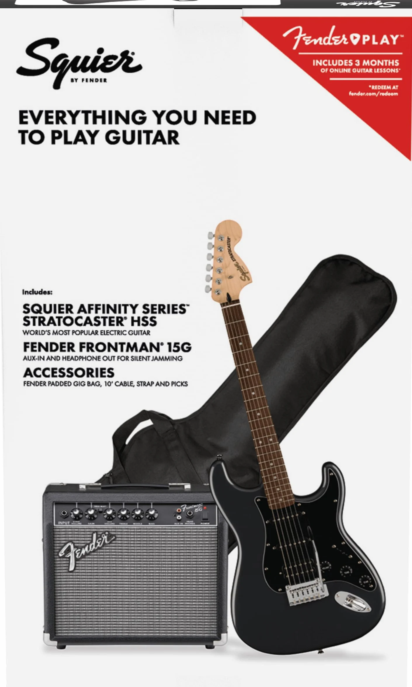 Squier by Fender Pack Affinity HSS, Charcoal Frost Metallic, ze wzmacniaczem, pakiet gitary elektrycznej, zawiera darmowe wirtualne kursy Fender Play
