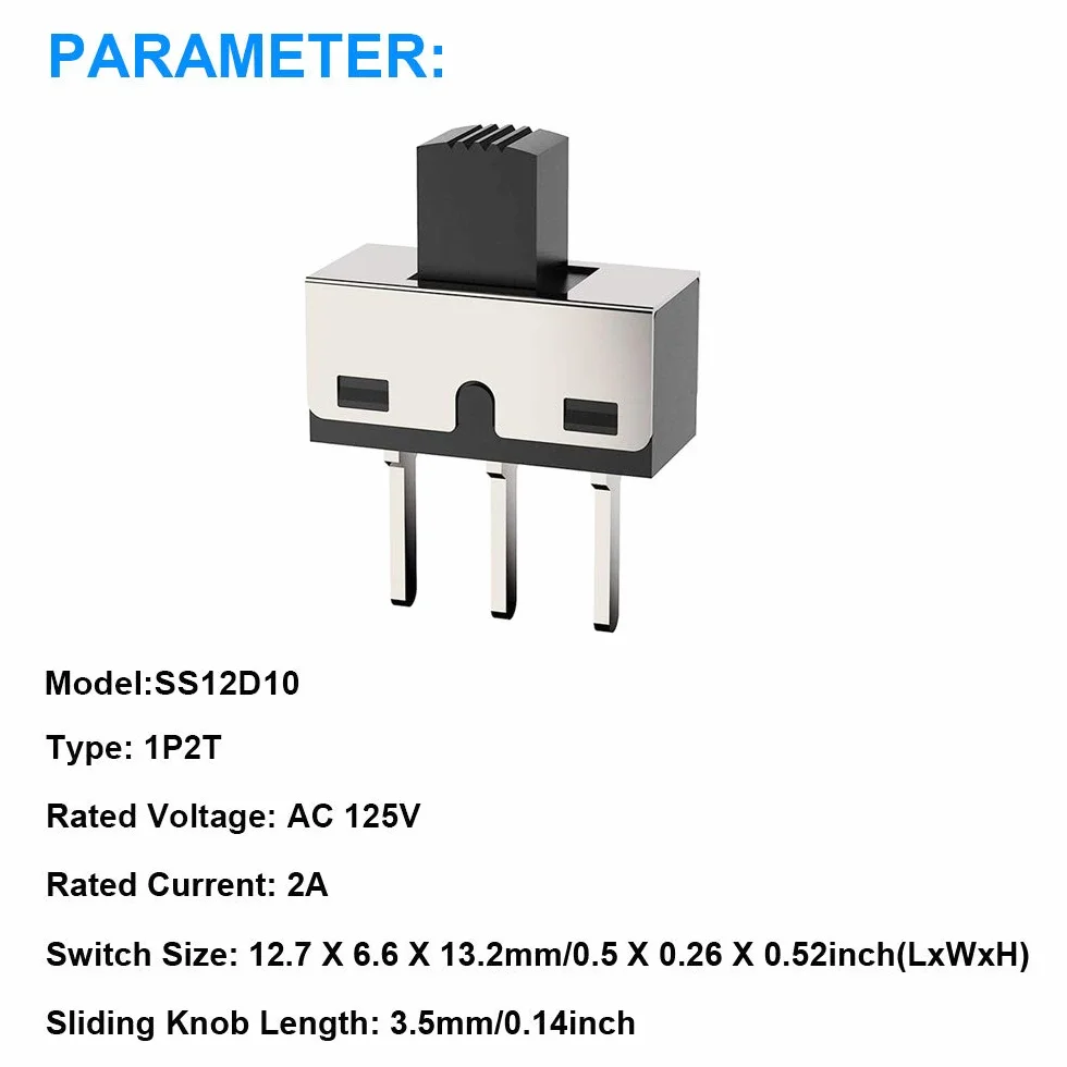 20 sztuk mini pionowych przełączników przesuwnych 1P2T SPDT 3 piny 2 pozycje DC50 V 0,5 A SS12D10 przełącznik z 20 sztukami mini panelowy przełącznik przesuwny wł./wył. SS12F15 przełącznik