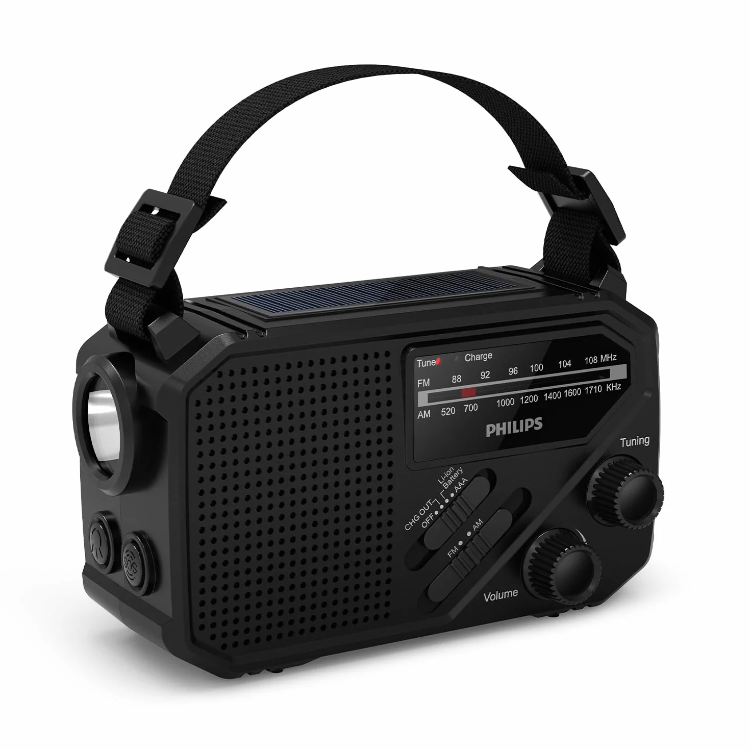 Philips TAR1609 – przenośne radio FM/AM z akumulatorem, komorą na baterie AAA i korbą, zasilaniem z paneli słonecznych, lampką LED i latarką, przydatne na biwaku, w czasie wędrówek i awarii energii