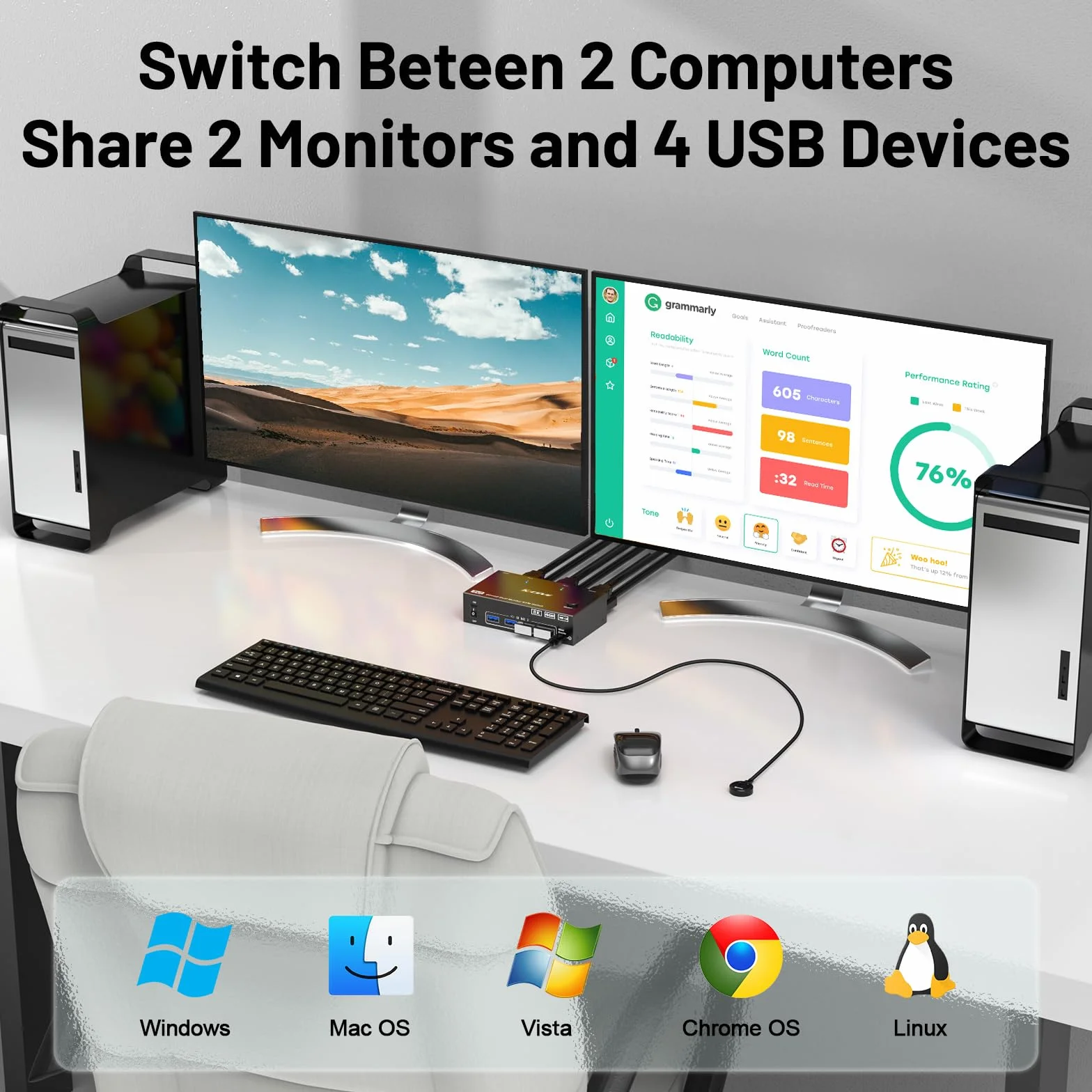 Przełącznik KVM 2 Computery 2 Monitory 8K@60Hz, MLEEDA HDMI DisplayPort Dual Monitor KVM Switch 2 Computers Udostępnij 2 Monitors i 4 Porty USB 3.0, z Adapter Zasilania, Przewodowy Pilot i 2 Kable USB