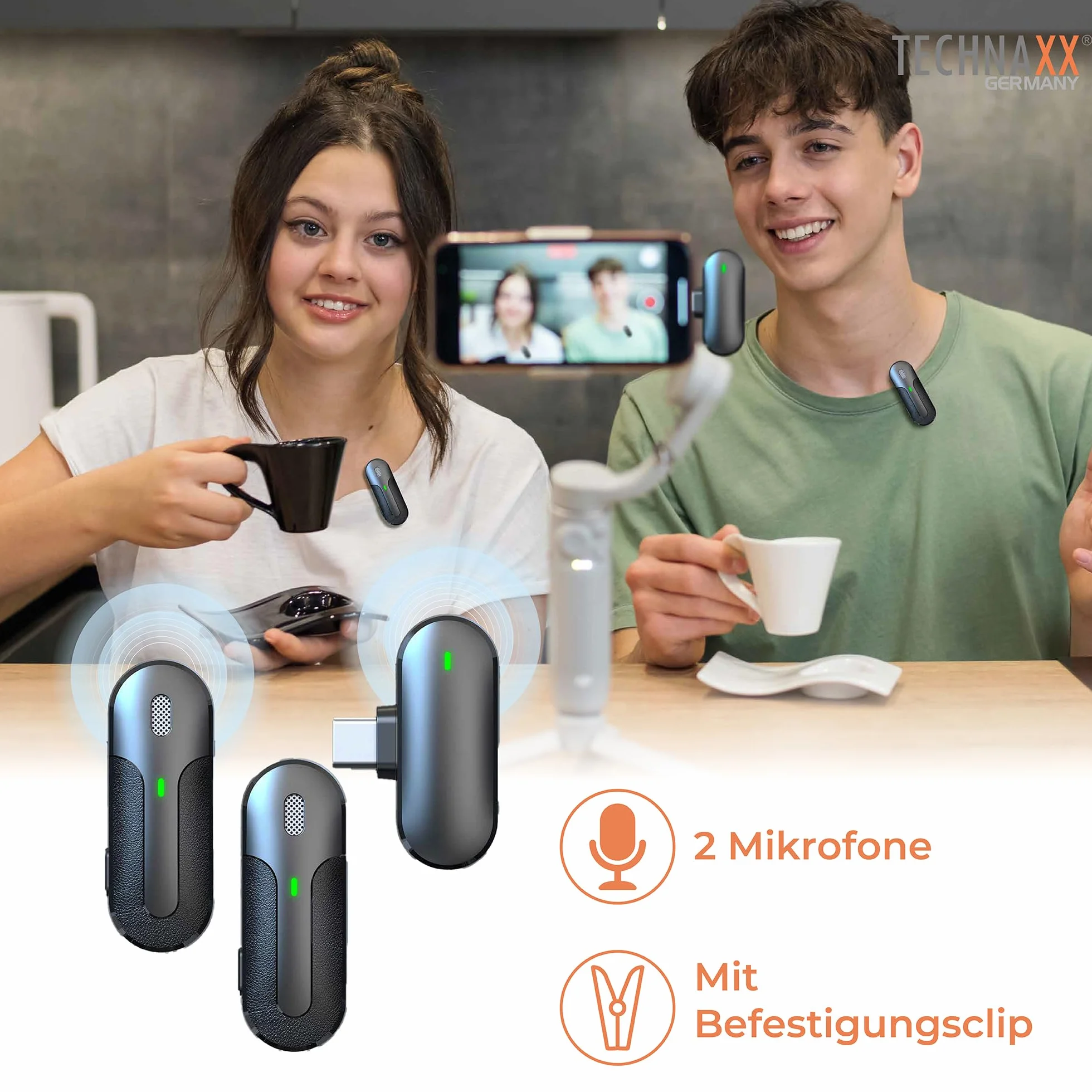 Technaxx Podwójny bezprzewodowy mini mikrofon TX-301 – 2 bezprzewodowe mikrofony krawatowe z inteligentną redukcją szumów, odbiornik USB-C, etui ładujące, klips - idealny do podcastów i nagrywania