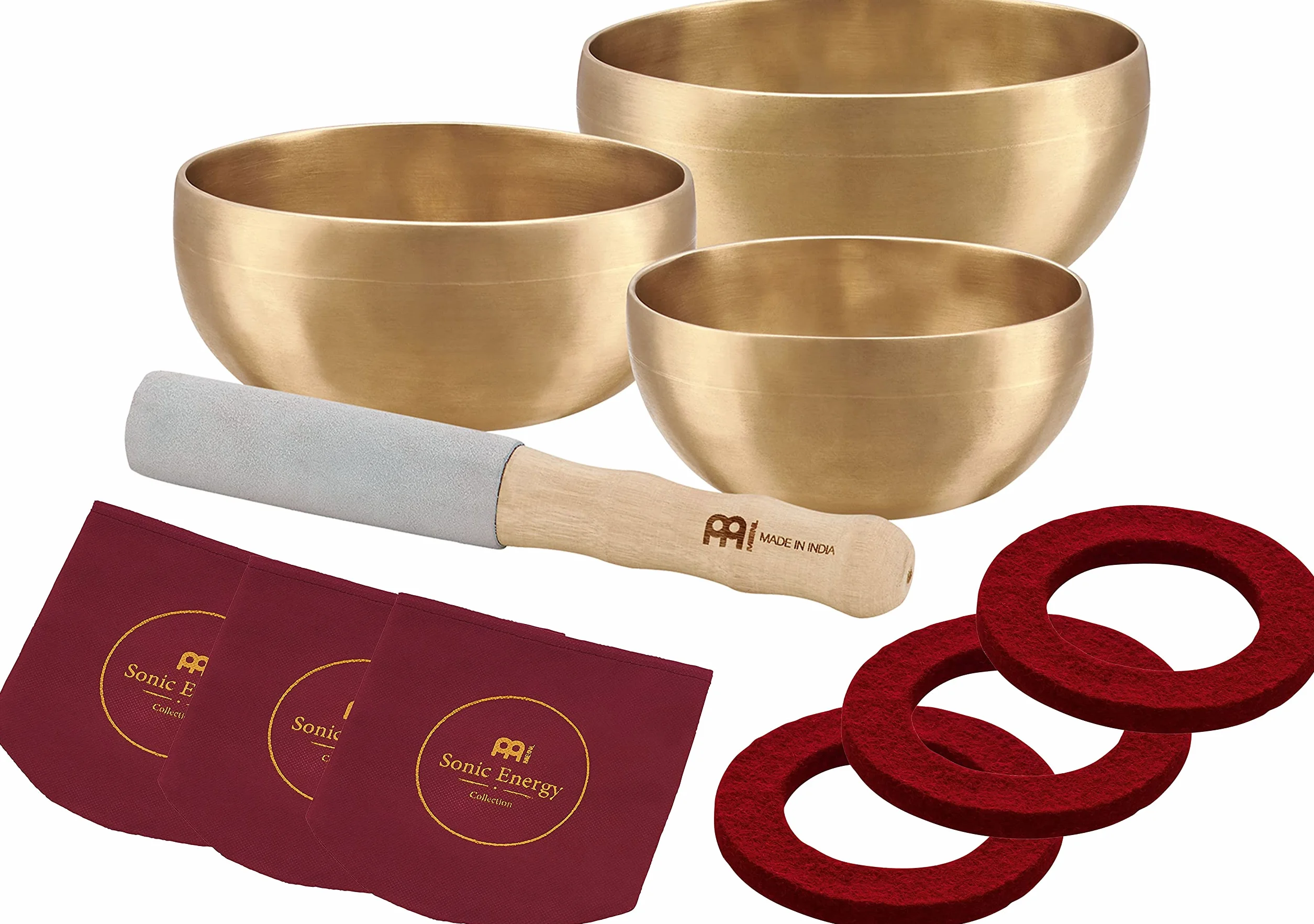 Sonic Energy Universal Singing Bowls – 3-częściowy zestaw mis dźwiękowych do medytacji – w zestawie: 3 miski, 1 pałeczka, materiałowe osłony, filcowe pierścienie (SB-U-1500)