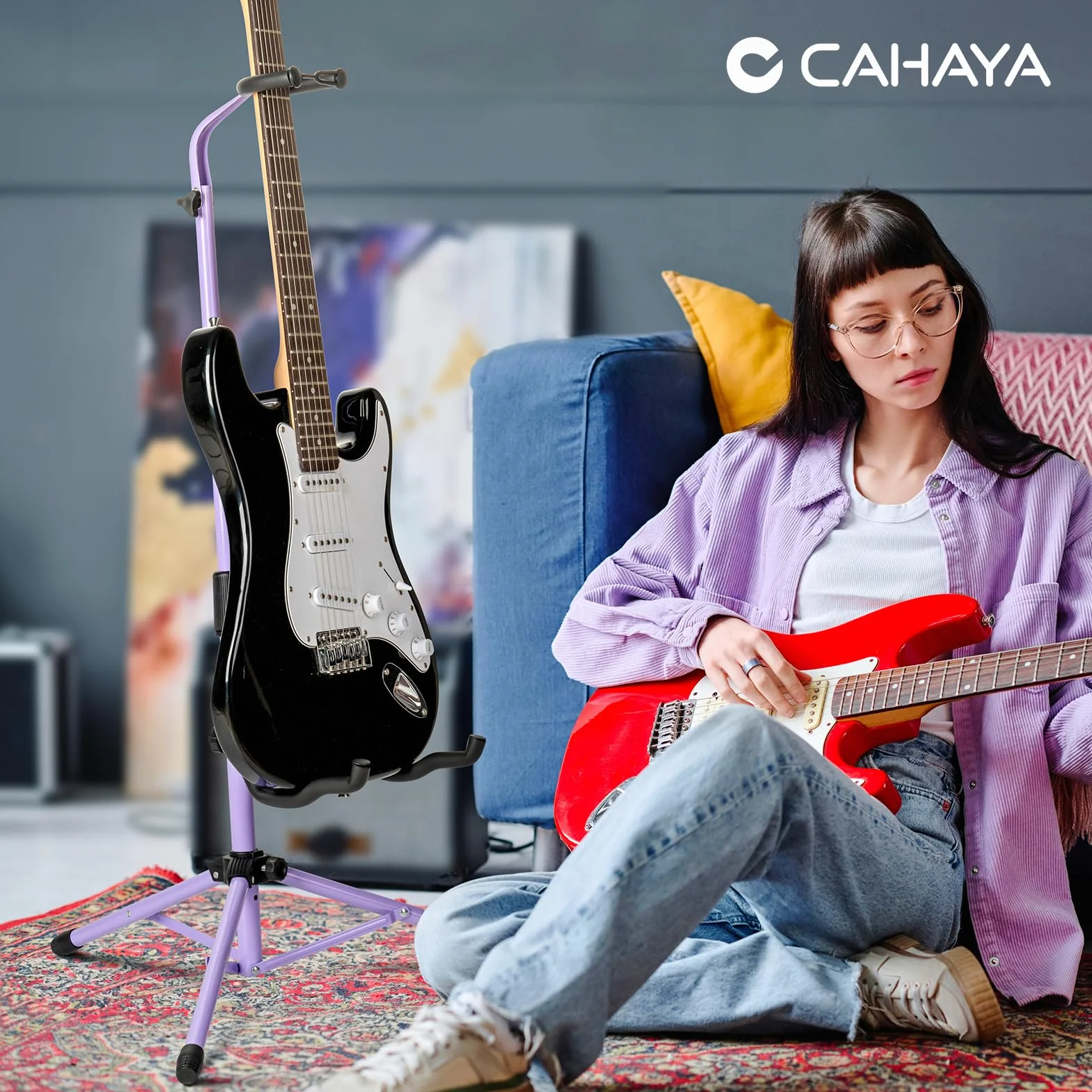CAHAYA CY00253-2 stojak na gitarę regulowany składany uniwersalny statyw do gitary akustycznej elektrycznej basowej banjo fioletowy