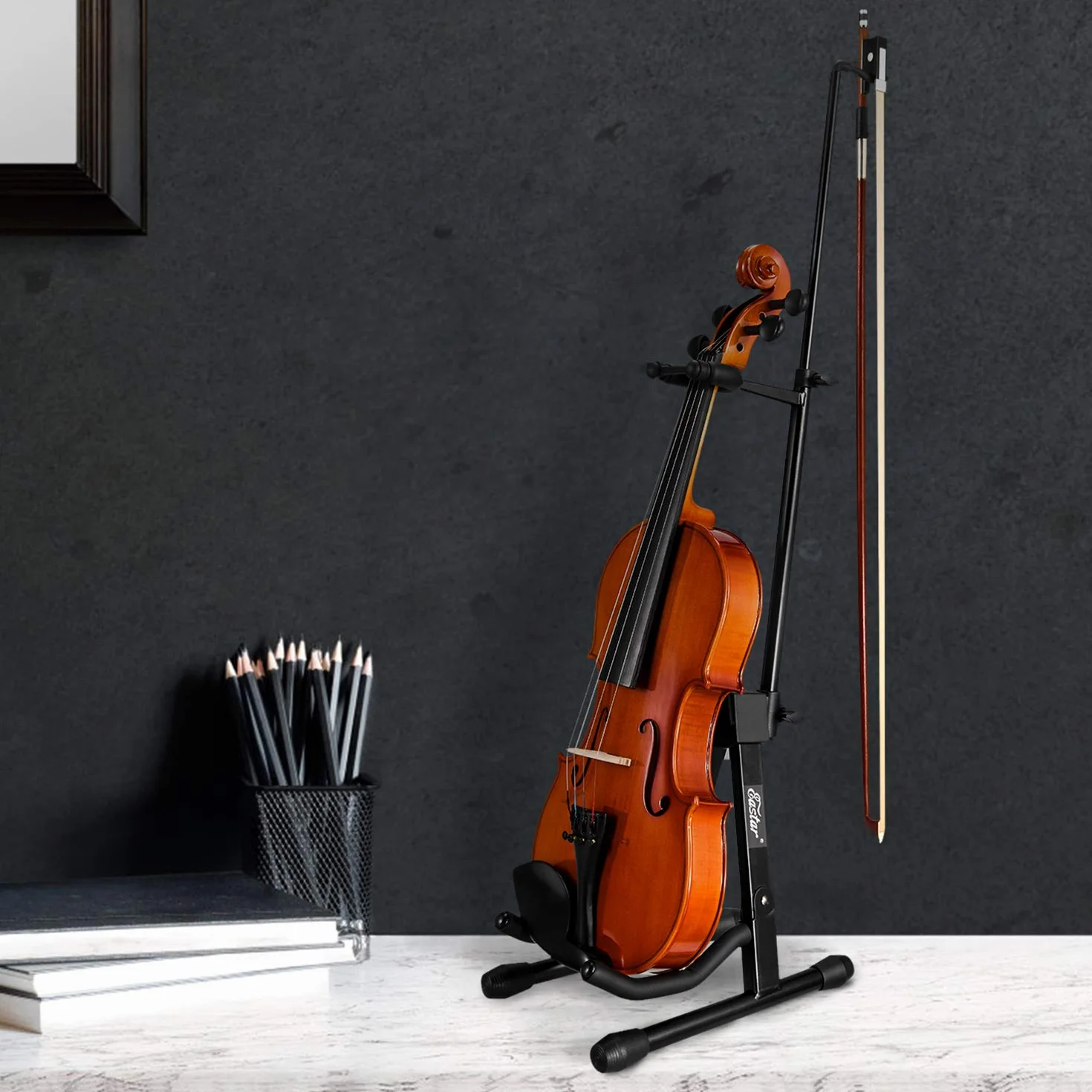 Eastar Stojak na skrzypce z kokardkami, stojak na gitarę akustyczną, mandolinę, banjo, przenośny i regulowany uchwyt, czarny, łatwy w instalacji i wytrzymały, czarny