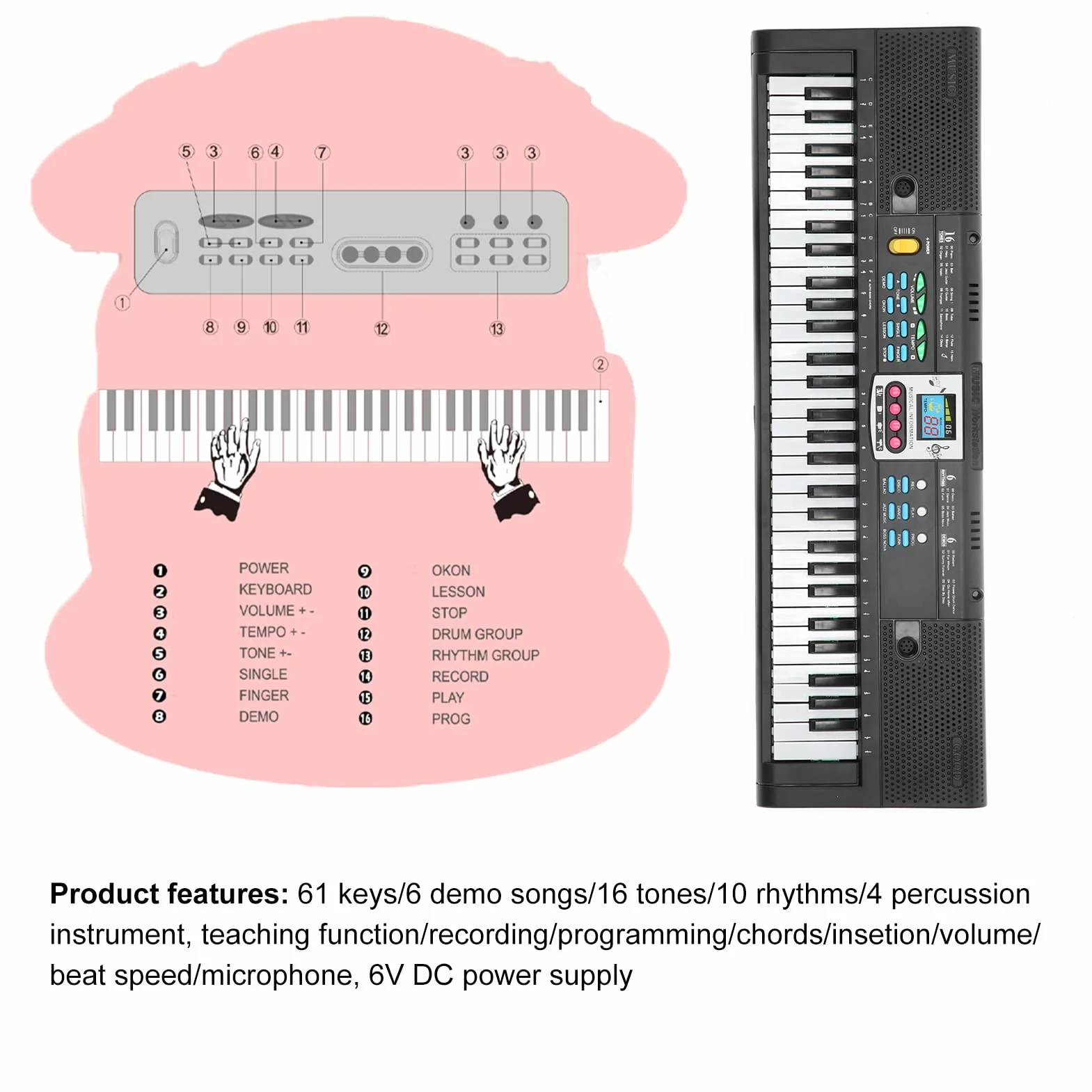 Cocoarm 61-klawiszowe Mini Pianino Elektryczne, Przenośny Keyboard Elektroniczny z Mikrofonem dla Dzieci Początkujących, 6 Demo Utworów 16 Dźwięków 6 Rytmów, Zasilanie USB, Połączenie z