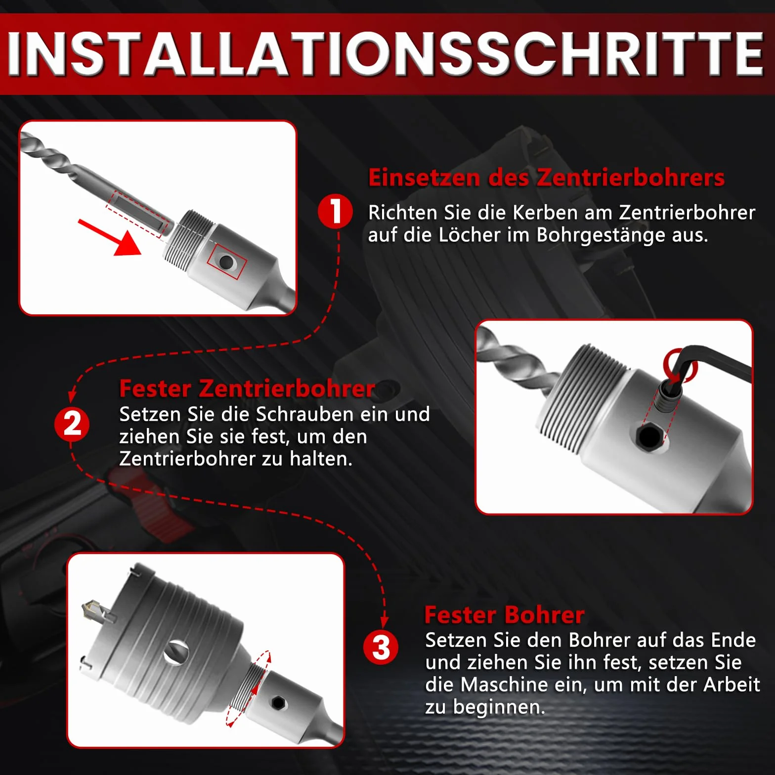 CSOOM Otwornica do betonu 115 mm z przedłużeniem SDS-Plus 220 mm, zestaw otwornic do betonu, 4 x wiertło centrujące 8 x 110 mm, końcówka z twardego metalu, 2 x wiertło centrujące