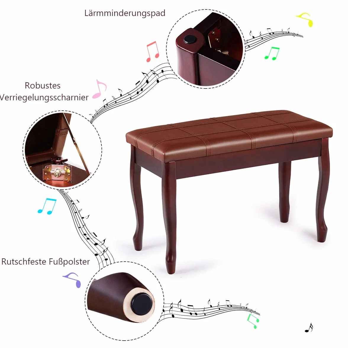 COSTWAY Ławka fortepianowa, taboret fortepianowy z litego drewna, wyściełana, ławka fortepianowa, ławka do siedzenia na keyboardzie, 75 x 35 x 49 cm (brązowa)