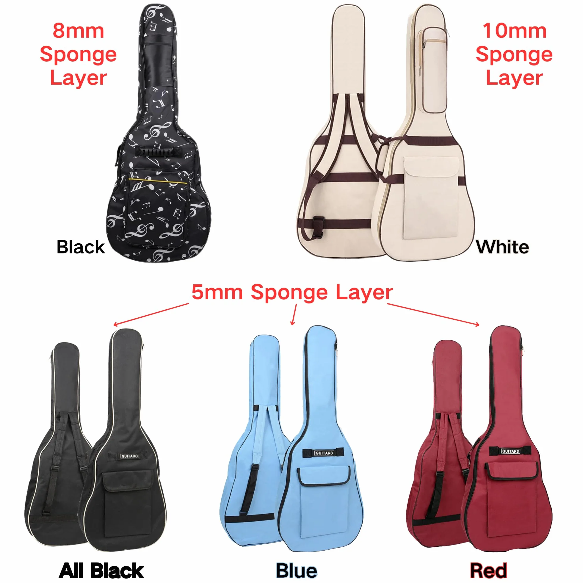 SUQ Wodoszczelna torba na gitarę Oxford, 40/41 cala, torba z wzorem muzycznym, nylonowa, torba na gitarę elektryczną, gitarę akustyczną i koncertową, odporna na uderzenia, 8 mm, wyściełana,