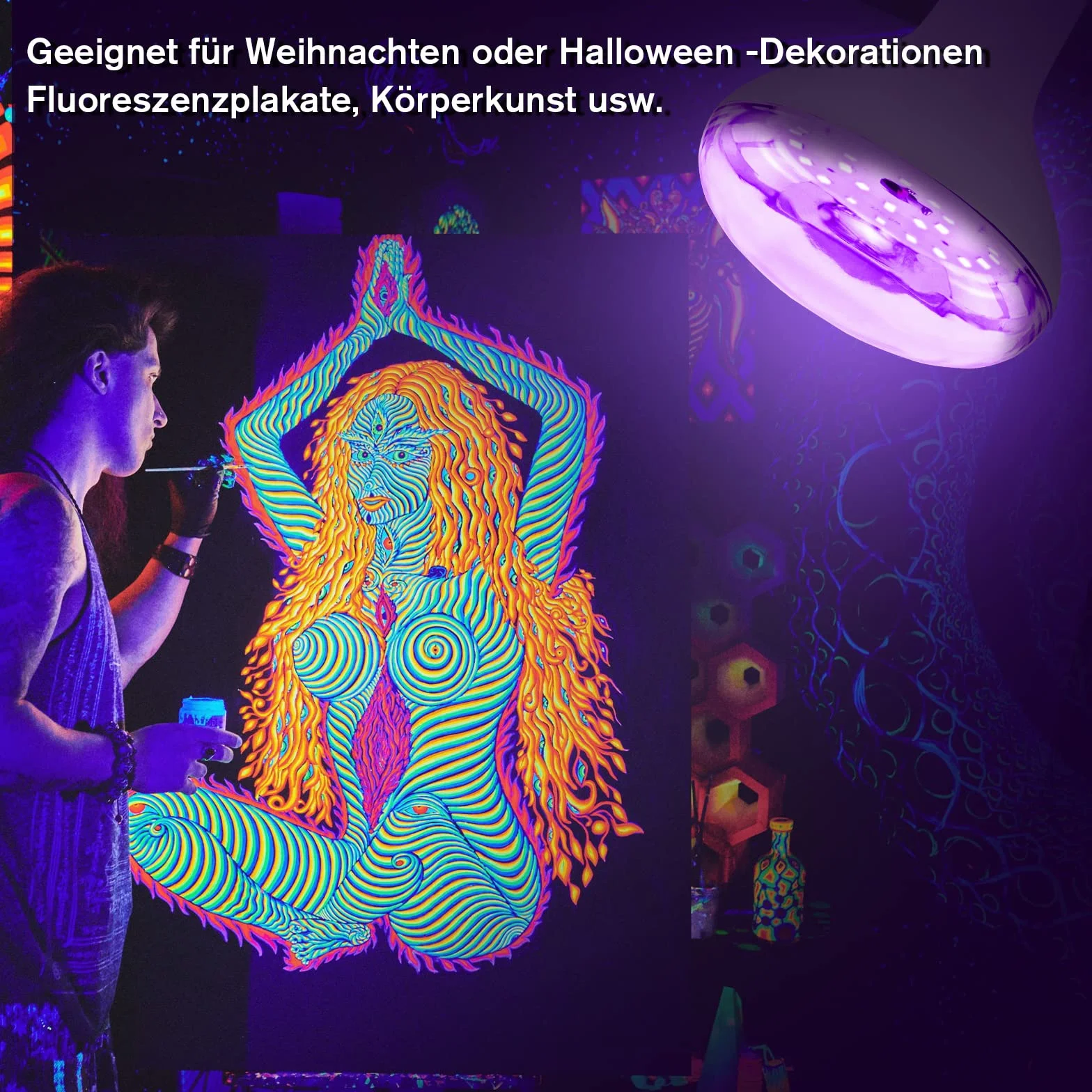 2 szt. E27 15W UV Schwarzlicht Glühbirne, czarna żarówka świetlna 385-400nm UVA Schwarzlichtung, neonfarben partylicht dla Halloween Party Disco Club Bar Körperkuns