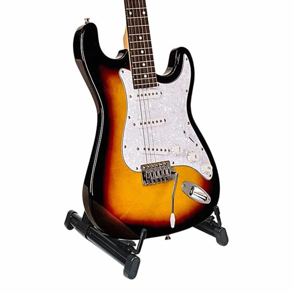 Alnicov Stojak na gitarę, składany do podłoża, stojak na gitarę basową, regulowana wysokość, uchwyt trójkątny do gitary ludowej, klasycznej, elektrycznej, ukulele, basu