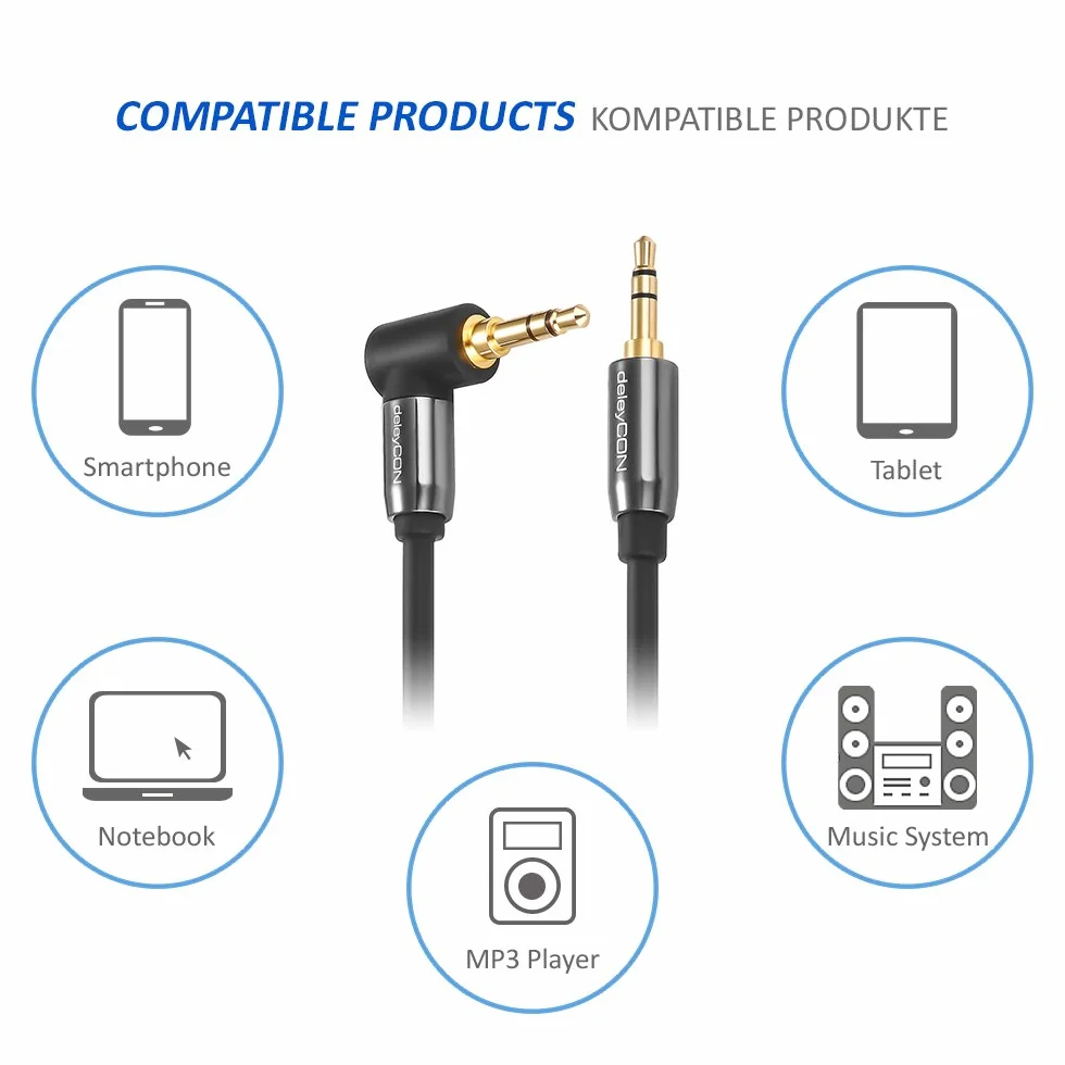 deleyCON 2m Kabel Jack 3,5 mm AUX Kabel Audio Stereo Wtyk Jack 1x Pod Kątem 90° do PC Laptopa Telefonu Smartfona Tabletu Samochodu Amplitunera HiFi - Czarny