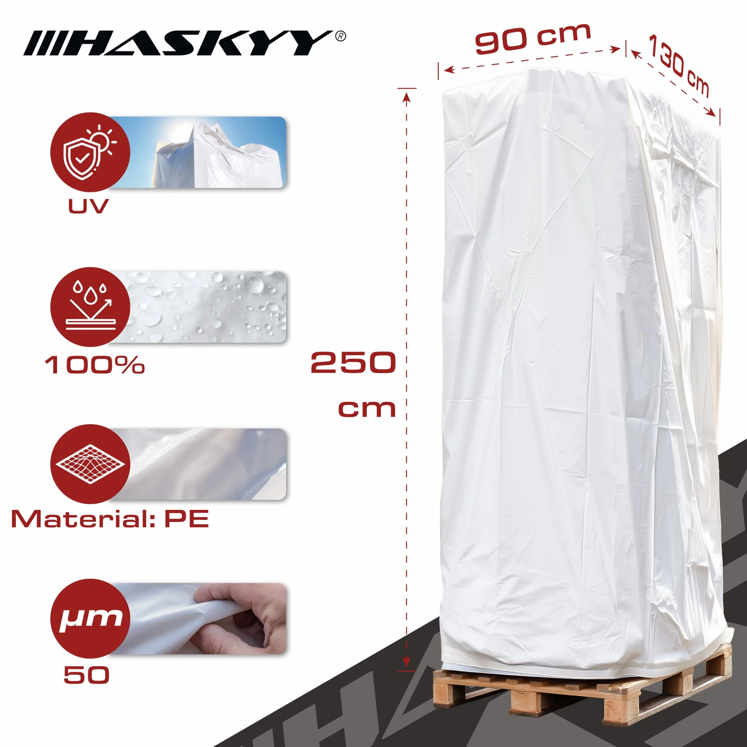 HASKYY Pokrowiec ochronny XXXL 250 x 130 x 90 cm, uniwersalny pokrowiec na palety, kratkę, grill, kosze plażowe, meble ogrodowe, wodoszczelny pokrowiec ochronny z polietylenu, bardzo wysoki, odporny