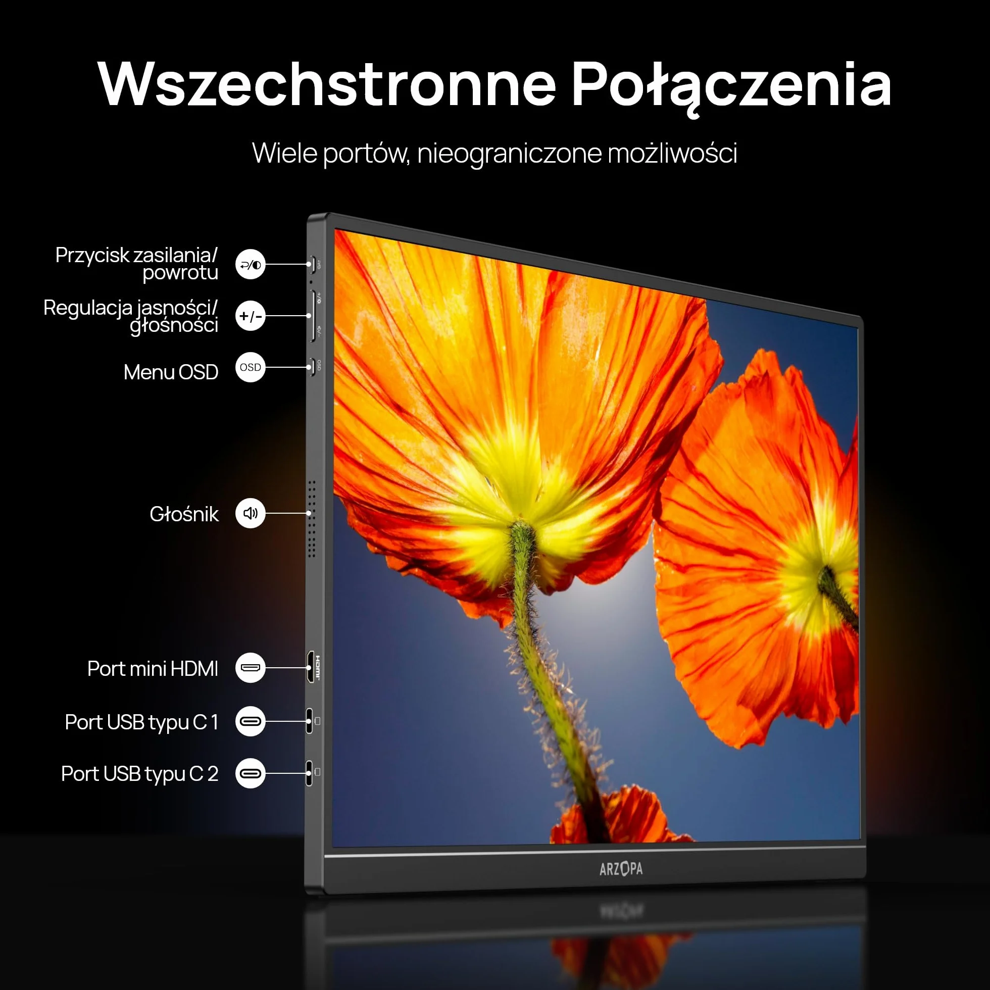 ARZOPA 16" Przenośny Monitor 2.5K | Matryca IPS 123% sRGB 400 Nit | Ekran do Pracy 16:10 do Laptopa, Mac, PC, Telefon | USB-C i HDMI - Z1RC