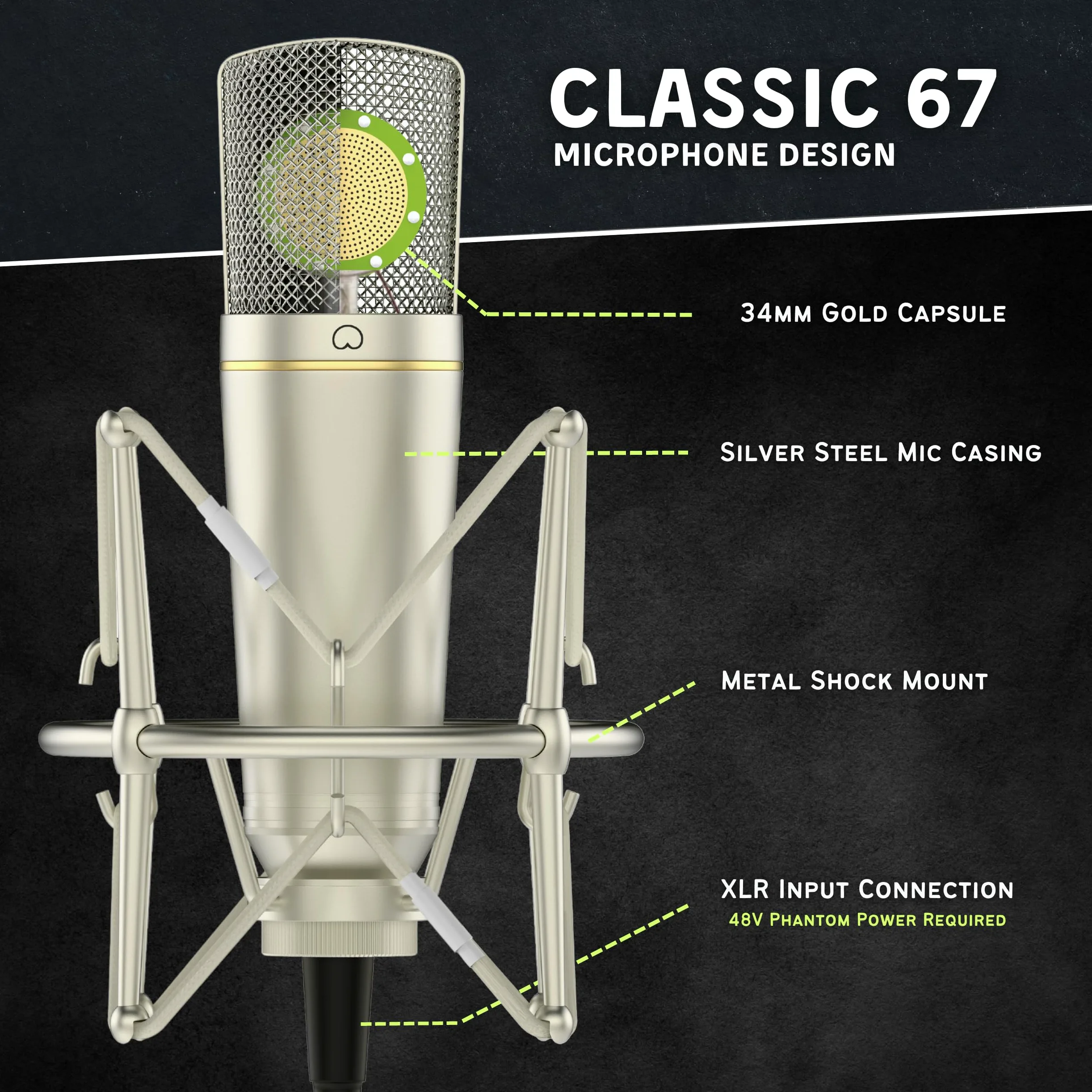 MA-67 Studio mikrofon pojemnościowy, duża kapsułka membranowa 34 mm, w tym filtr Hydro Pop, metalowy uchwyt amortyzacyjny, kabel XLR i torba na mikrofon - do produkcji muzyki, nagrywania wokalu i