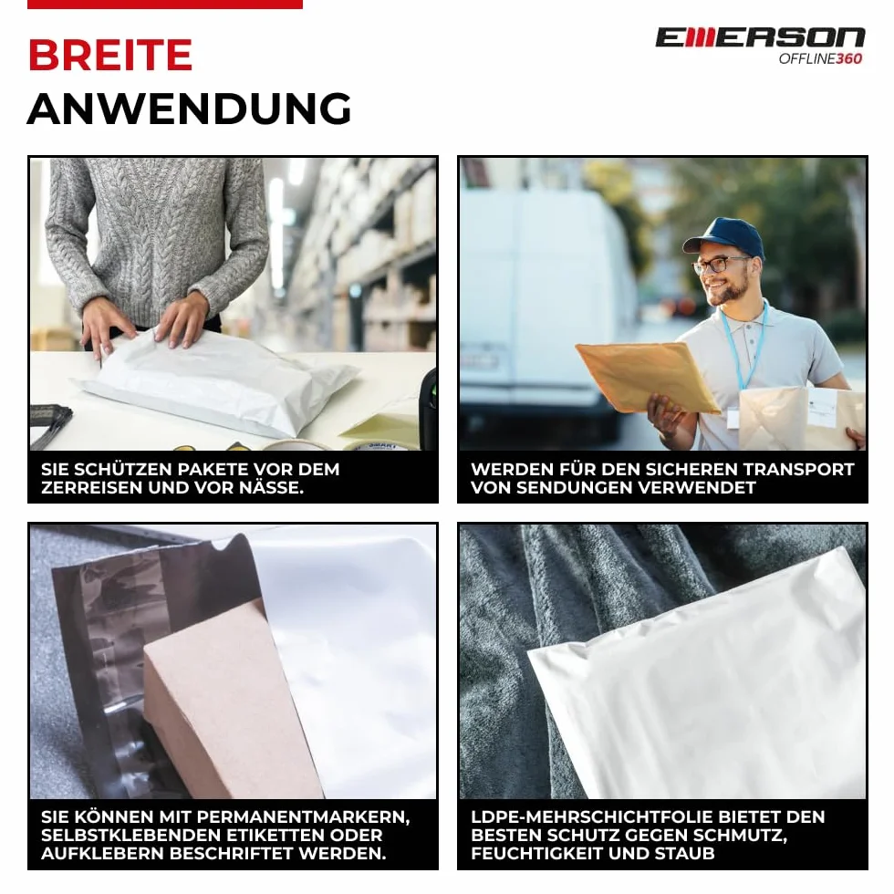 Emerson 50 sztuk plastikowych torebek wysyłkowych 40 x 50 cm | torba wysyłkowa z zamknięciem samoprzylepnym | białe nieprzezroczyste | torebki wysyłkowe na ubrania, artykuły | worki do pakowania