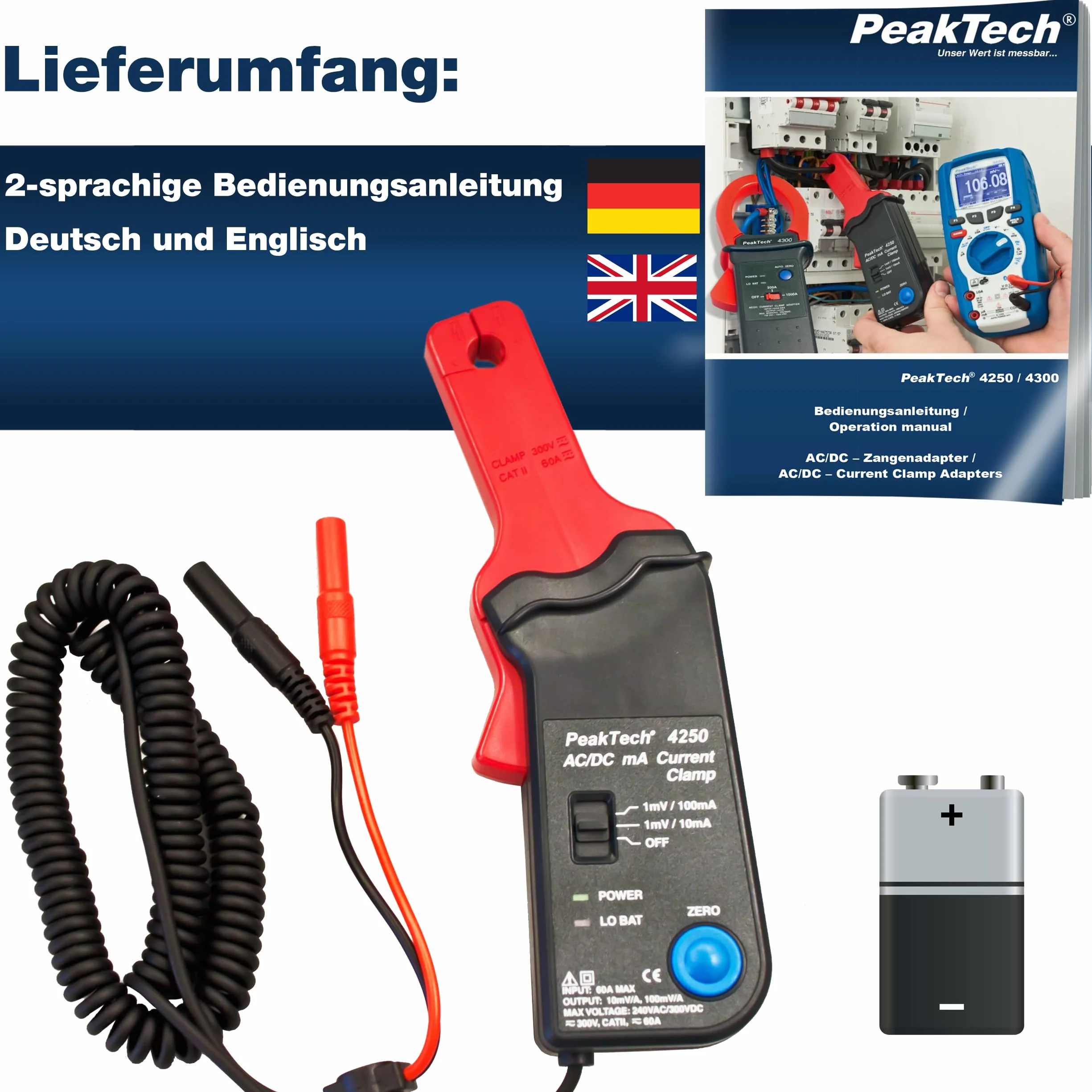 PeakTech P 4250 - Adapter cęgów prądowych do Multimetru ~ 60 A AC/DC ~ z wtyczką 4mm