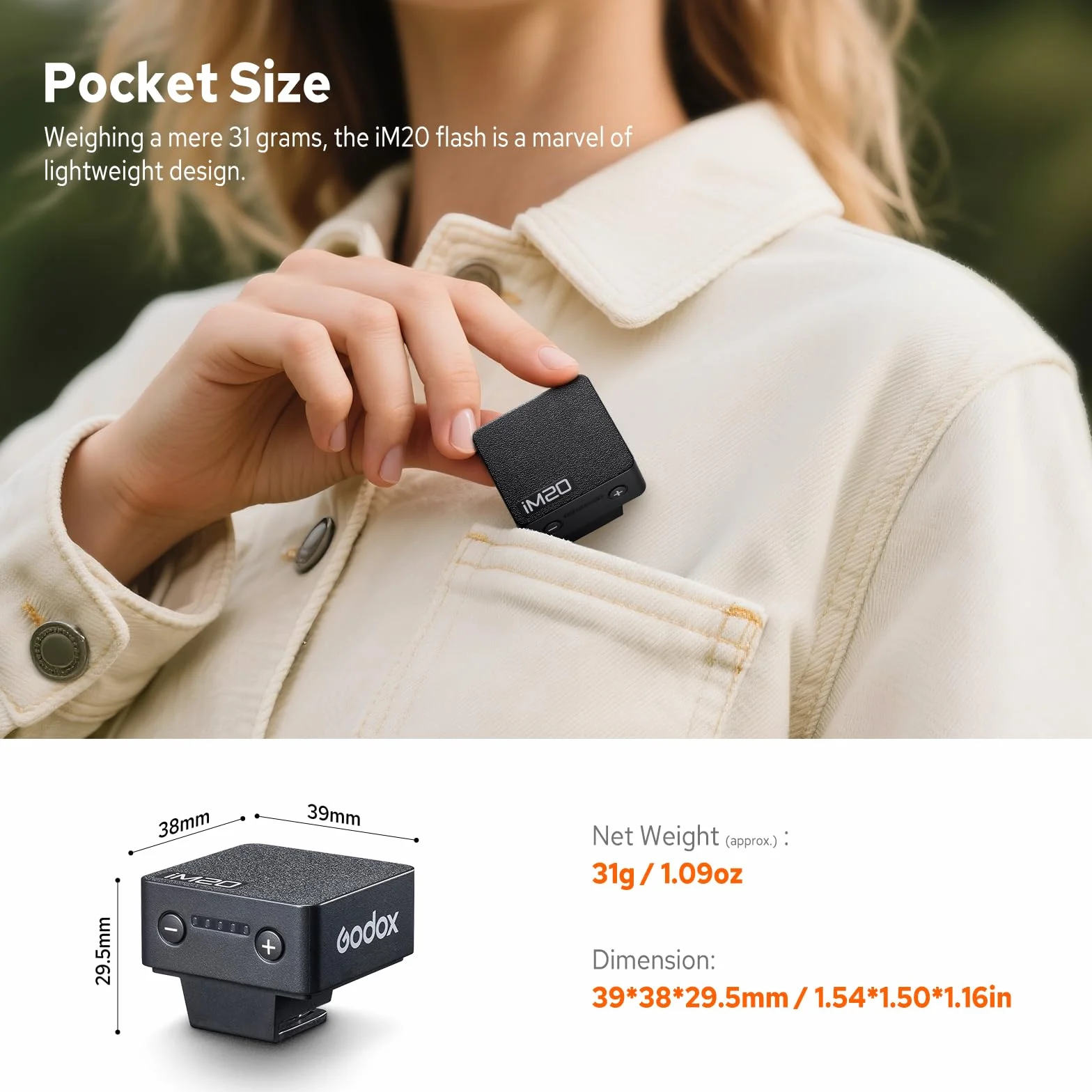 Godox iM20 Mini Flash dla Canon, Sony, Fuji, Nikon 6000K±200K z kontrolą optyczną S1 / S2.3s Czas ładowania, Około baterii litowej, Lekka przenośna mini flash aparatu