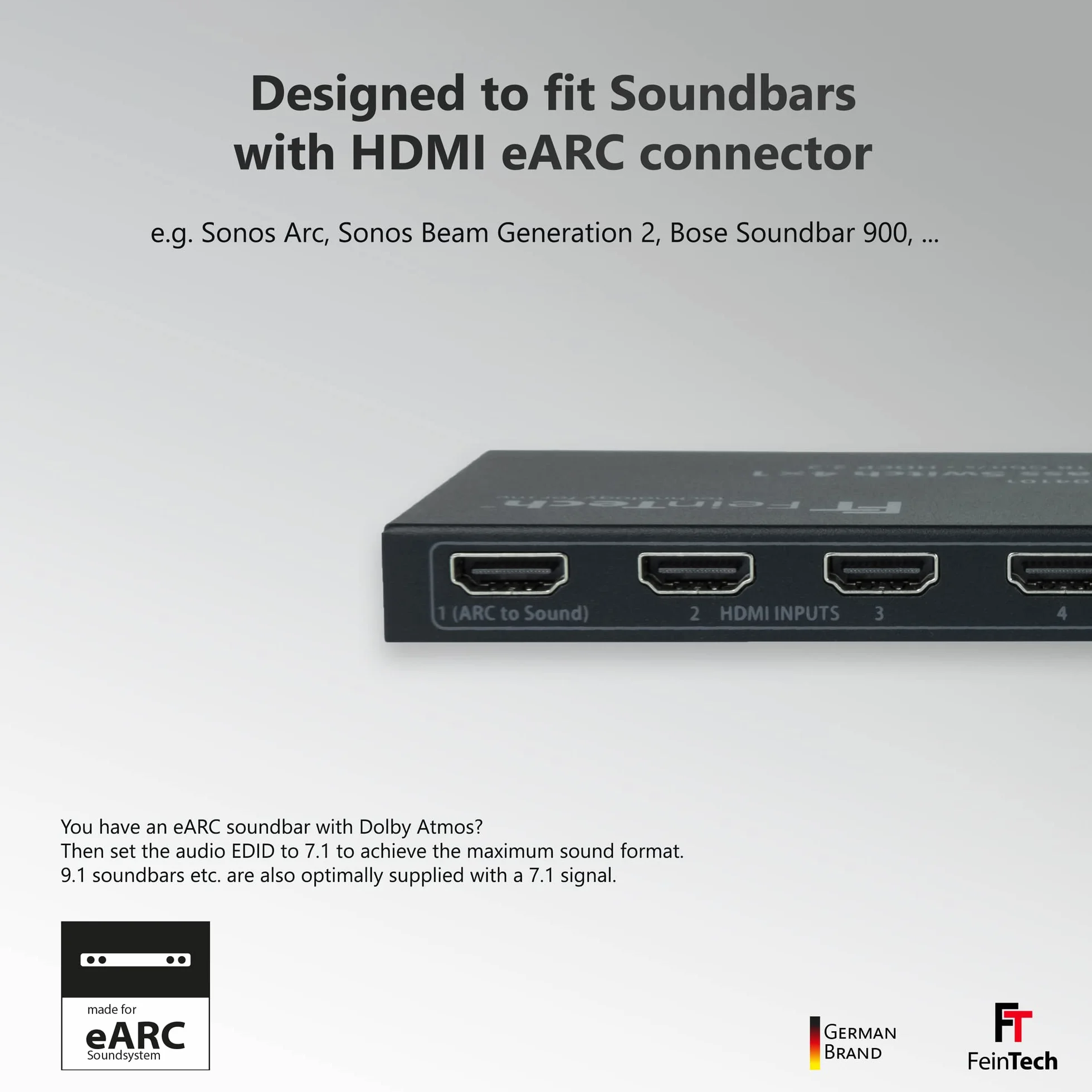 FeinTech VAX04101A HDMI eARC Pass Switch 4 x 1, do 3 źródeł HDMI, soundbar i projektora TV 4K HDR Dolby Atmos