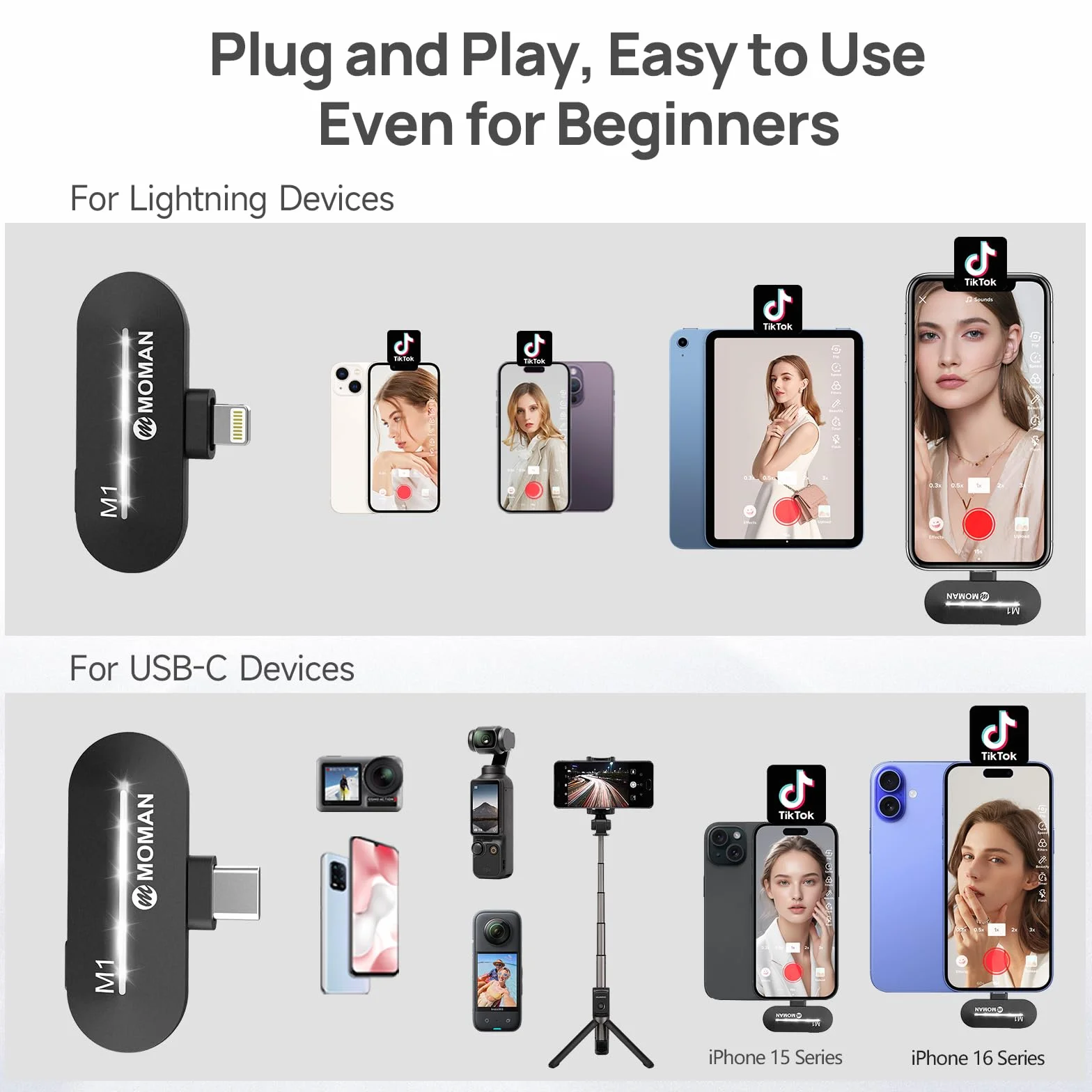 Moman Bezprzewodowy mikrofon Lavalier, CP1X (C) 2,4 GHz 【Type-C &USB】 2TX&1RX mikrofon wtykowy do telefonów z systemem Android, tabletów, Vlogów, streamingu na żywo, Tiktok, bezprzewodowy mikrofon
