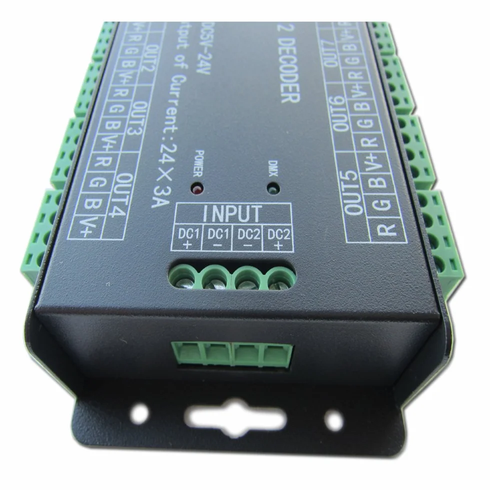 Wysoka moc 24-kanałowy kontroler RGB 3A/CH DMX512 Led dekoder ściemniacz 500Hz bez migotania płynniejsze ściemnianie wskaźnik sygnału DMX funkcja migania DC 5V-24V