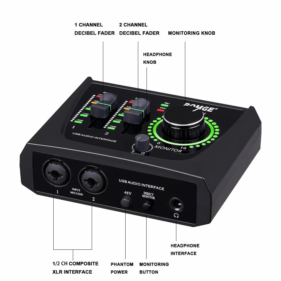 BOMGE mini 2-kanałowy interfejs audio USB do nagrywania, przesyłania strumieniowego i podcastingu, z zasilaniem fantomowym XLR/48 V, interfejs audio jakości studyjnej dla gitarzysty, wokalisty