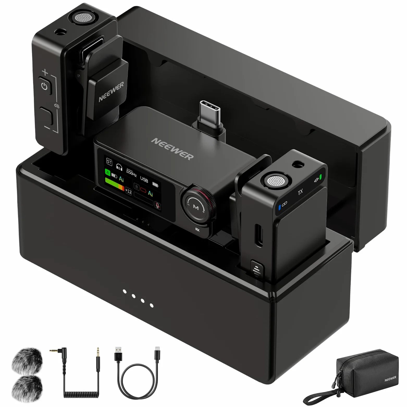NEEWER CM36 bezprzewodowy mikrofon krawatowy z etui ładującym, sterowanie aplikacją, redukcja szumów AI, 48 kHz/24 bit, 85 dB SNR, bateria 54H, zasięg 100 m, mini mikrofon Lav do iPhone'a, telefonu z