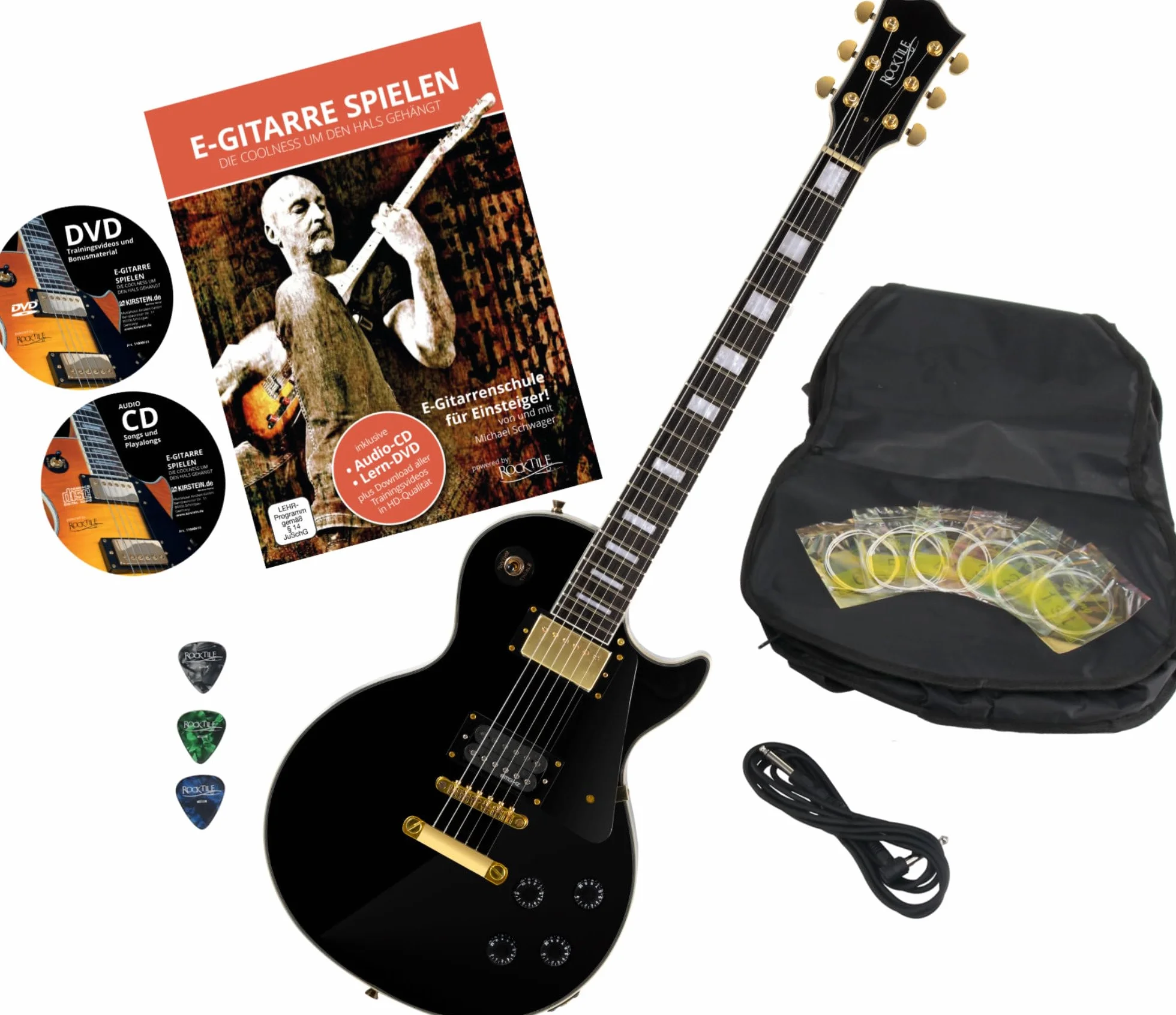 Rocktile Pro L-200BK Deluxe gitara elektryczna czarna z akcesoriami (torba na gitary, kabel, kostki gitarowe, szkoła z CD i DVD, struny gitarowe)