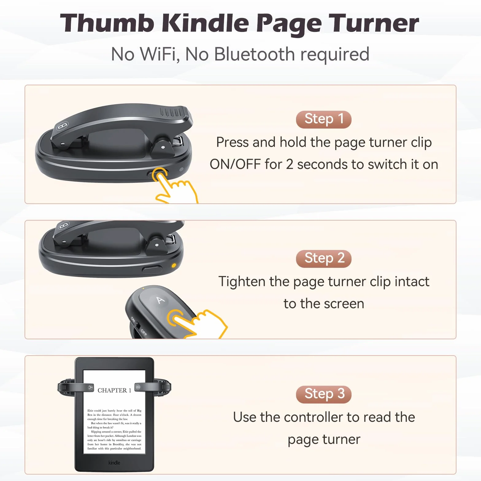 Pilot RF, Kindle Page Turner z ładowaniem USB-C, klips A i B, wskaźnik LED, zabezpieczenie przed odciskami palców, długi czas czuwania dla czytników e-booków — łatwa obsługa jedną ręką