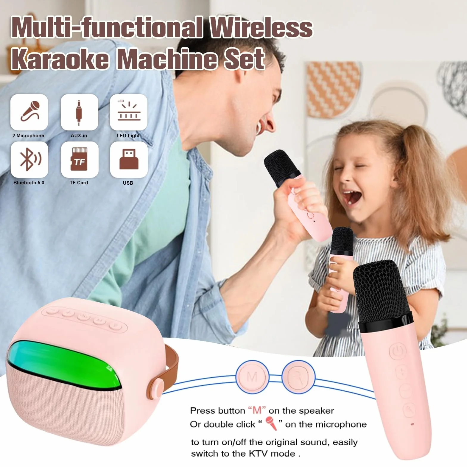 Maszyna Do Karaoke Dla Dzieci Z 2 Mikrofonami,Bezprzewodowy Głośnik Bluetooth,Z Efektami Zmiany Głosu I Diodami Led Prezent Dla Dziewczynek,Dla Dziewczynek W Wieku 3-12 Lat Prezent Urodzinowy