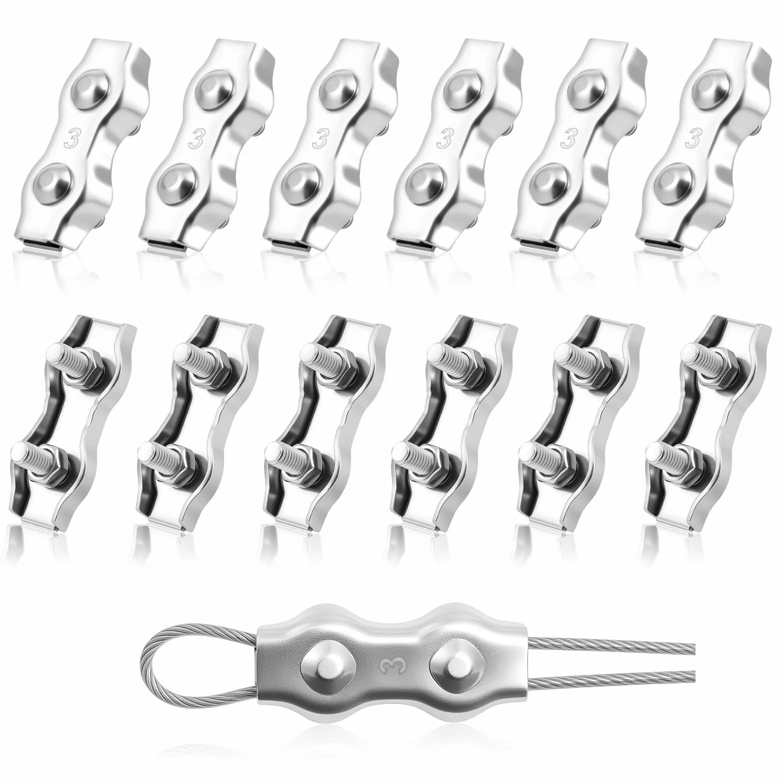 Flintronic Zacisk M3 Duplex, 12 sztuk zacisków do liny drucianej, 3 mm Duplex stal nierdzewna, zacisk linowy, łącznik linowy do liny stalowej 3 mm, linka do prania, linka leśna, linka leśna, mocowana