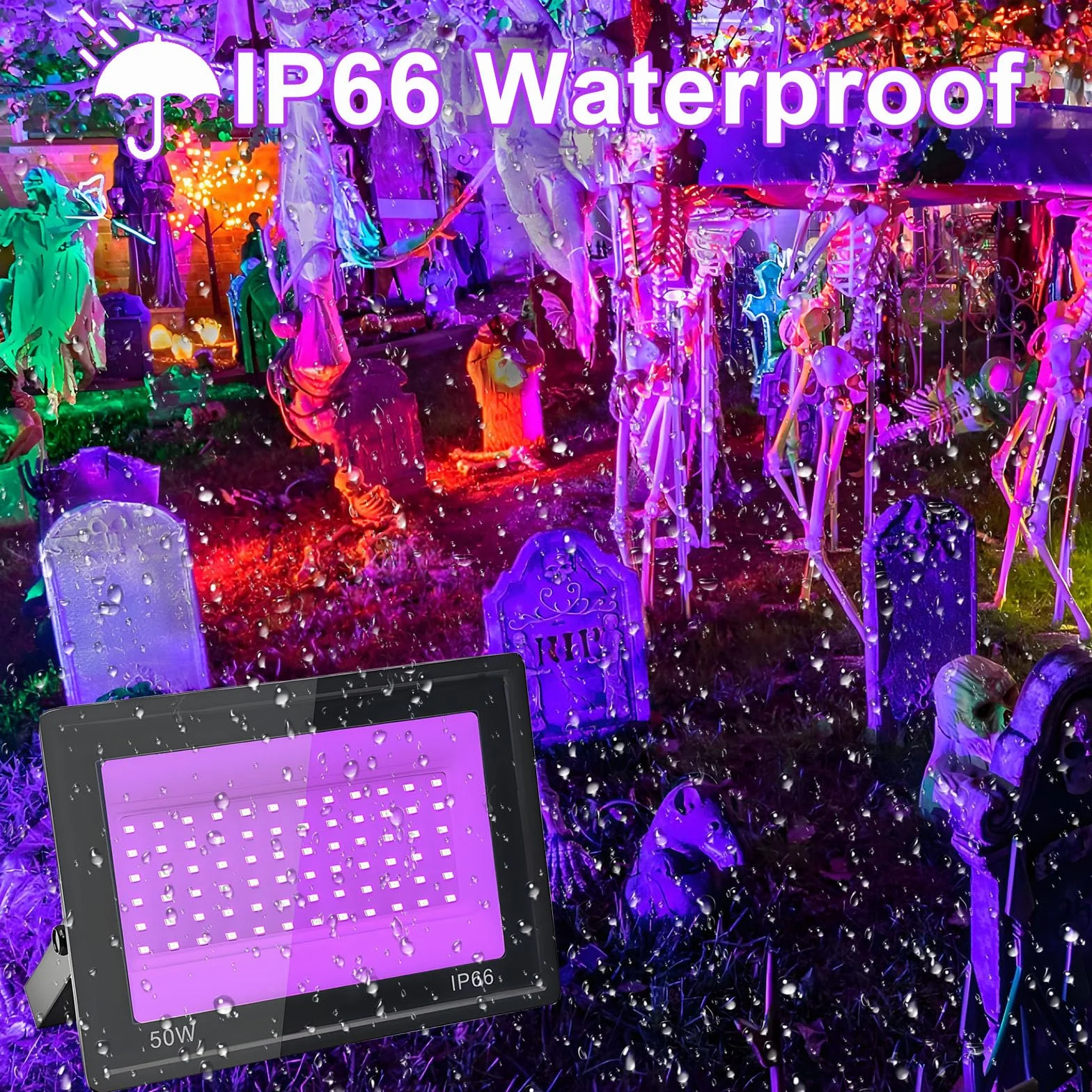 2 sztuki reflektorów LED 50 W, czarne światło, IP66 UV, 395 – 400 nm, światło UV z przełącznikiem, dekoracja na Halloween, imprezę, Boże Narodzenie, neonowe żarzenie, malowanie ciała