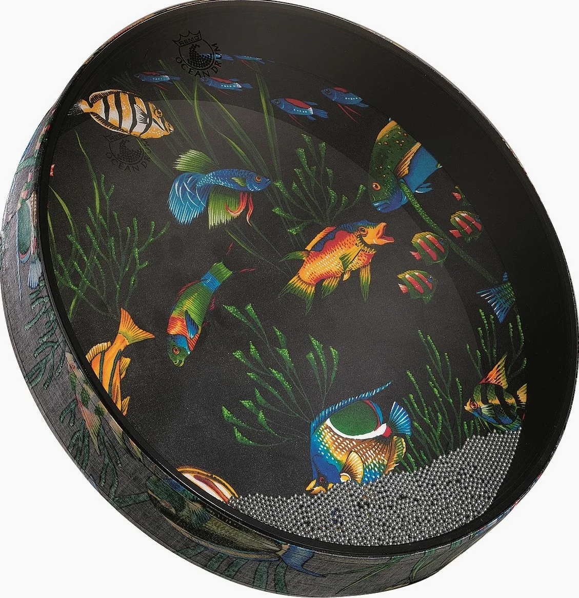 Remo World Percussion - Ocean Drum - 22" x 2,5" - Ramka Acousticon, kulki stalowe, grafika z rybą - efekt szumu morza, do terapii dźwiękiem i dla dzieci - ET-0222-10