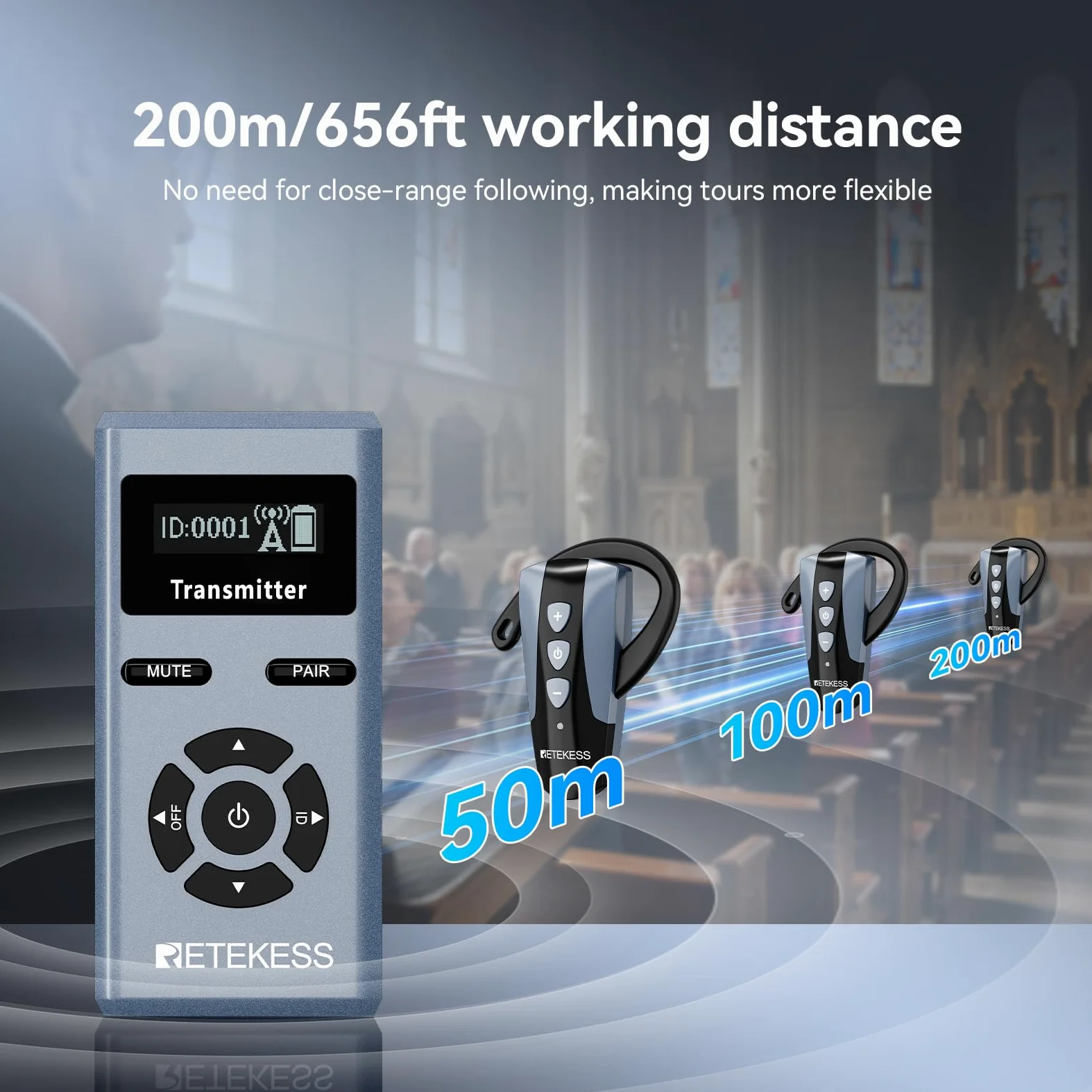 Retekess TT106S Bezprzewodowy System Tour Guide, Słuchawki z Zaczepem na Ucho, 2.4G, 200 m, Port Ladowania USB, dla Grup Turystycznych, Sesje Szkoleniowe (1 Nadajnik, 10 Odbiorników)