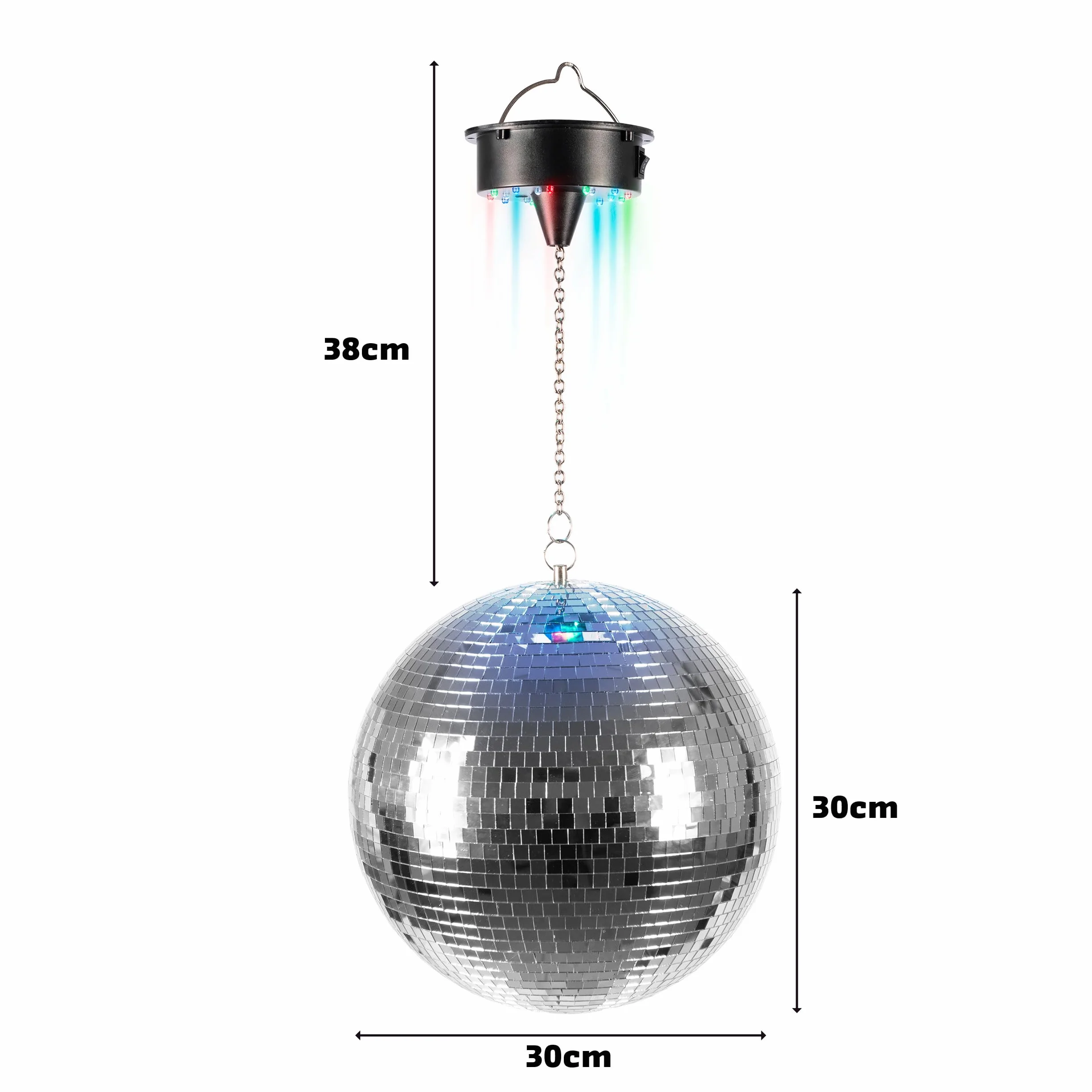 Ibiza - DISCO1-30 - kula fasetowa o średnicy 30 cm z podstawą z 18 diodami LED i łańcuchem o długości 20 cm - zasilanie bateryjne